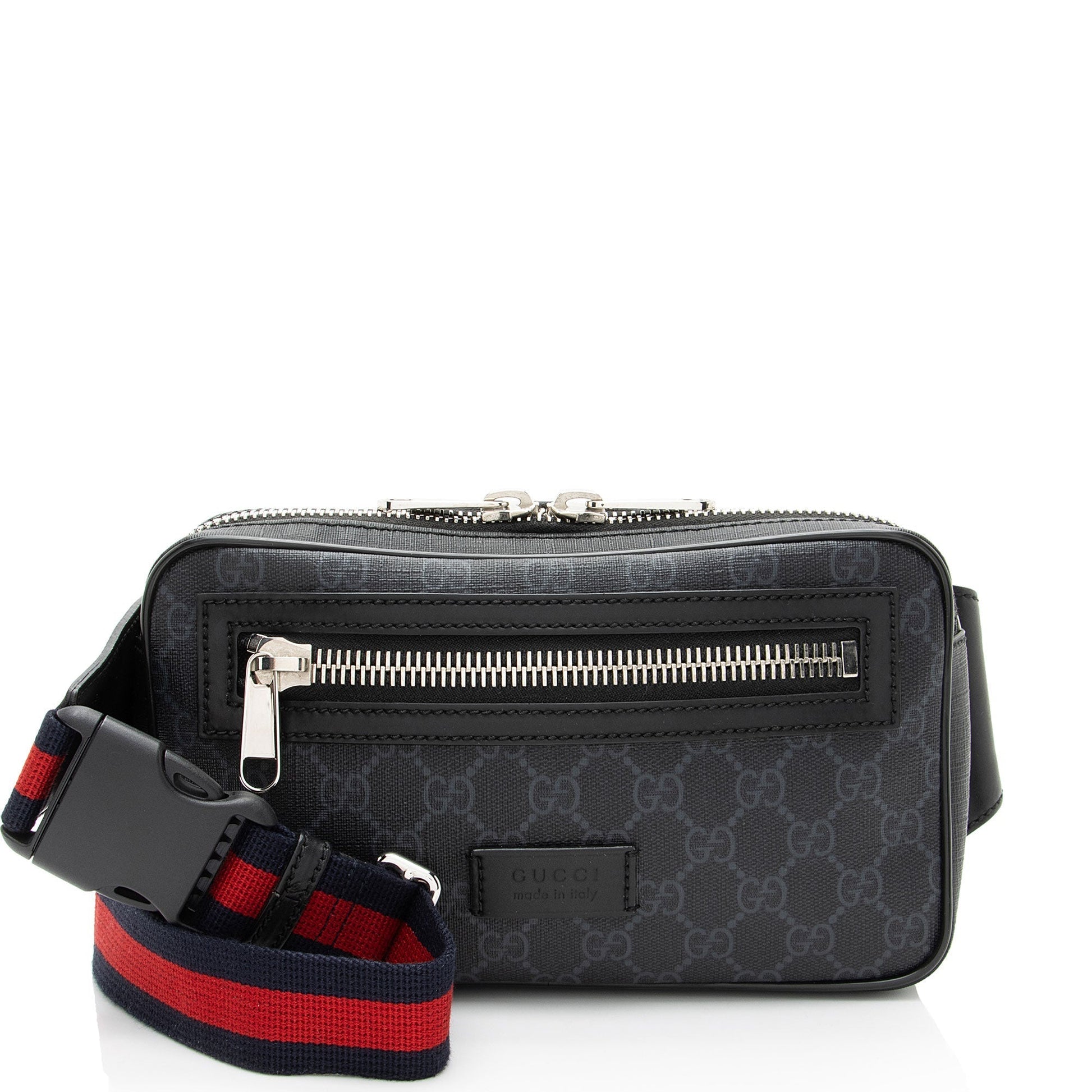 Gucci GG Supreme Web Zip Belt Leather Canvas Nylon Black Accessory