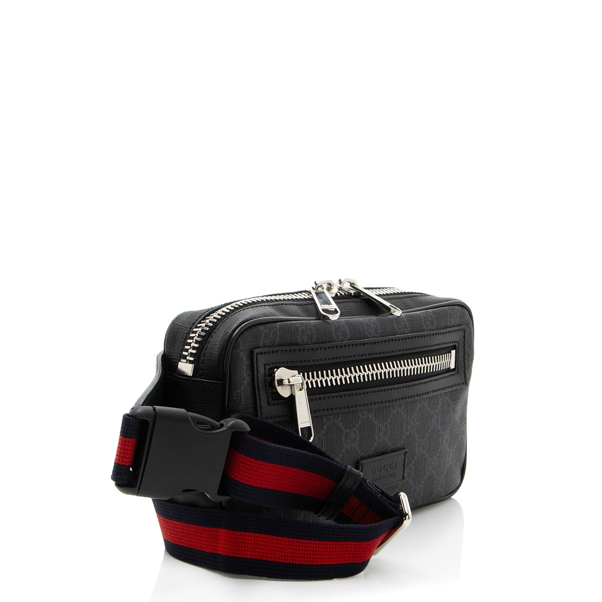 Gucci GG Supreme Web Zip Belt Leather Nylon Black Grey Accessory
