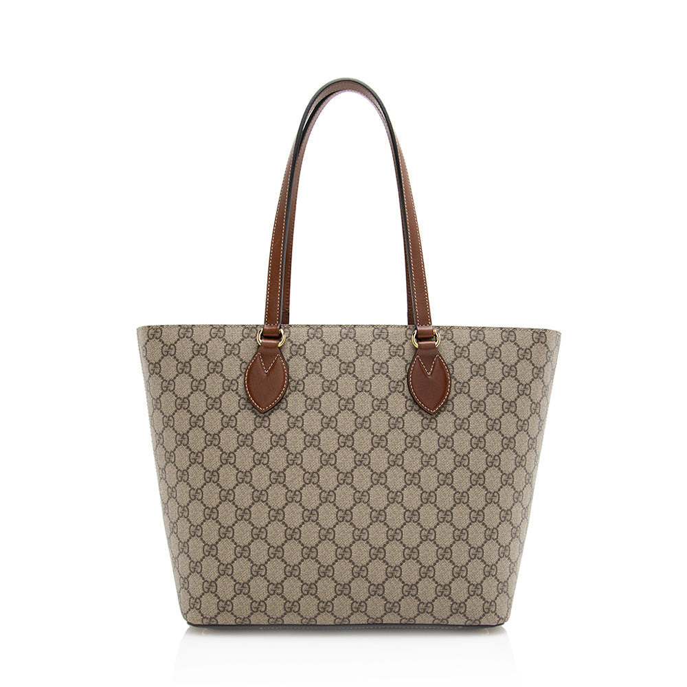 Gucci GG Supreme Zip SHF Leather Canvas Brown Beige Tote Bag