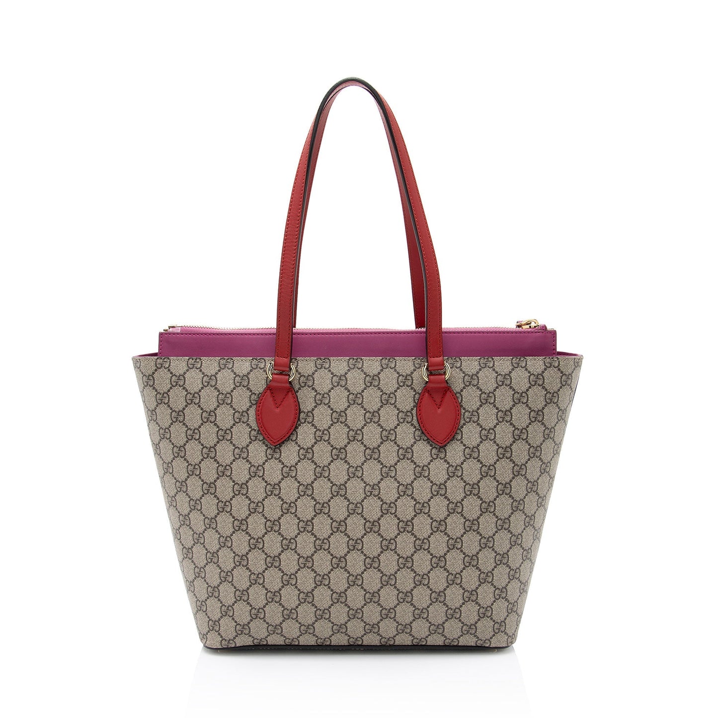 Gucci GG Supreme Zip Leather Canvas Beige Red Tote Bag
