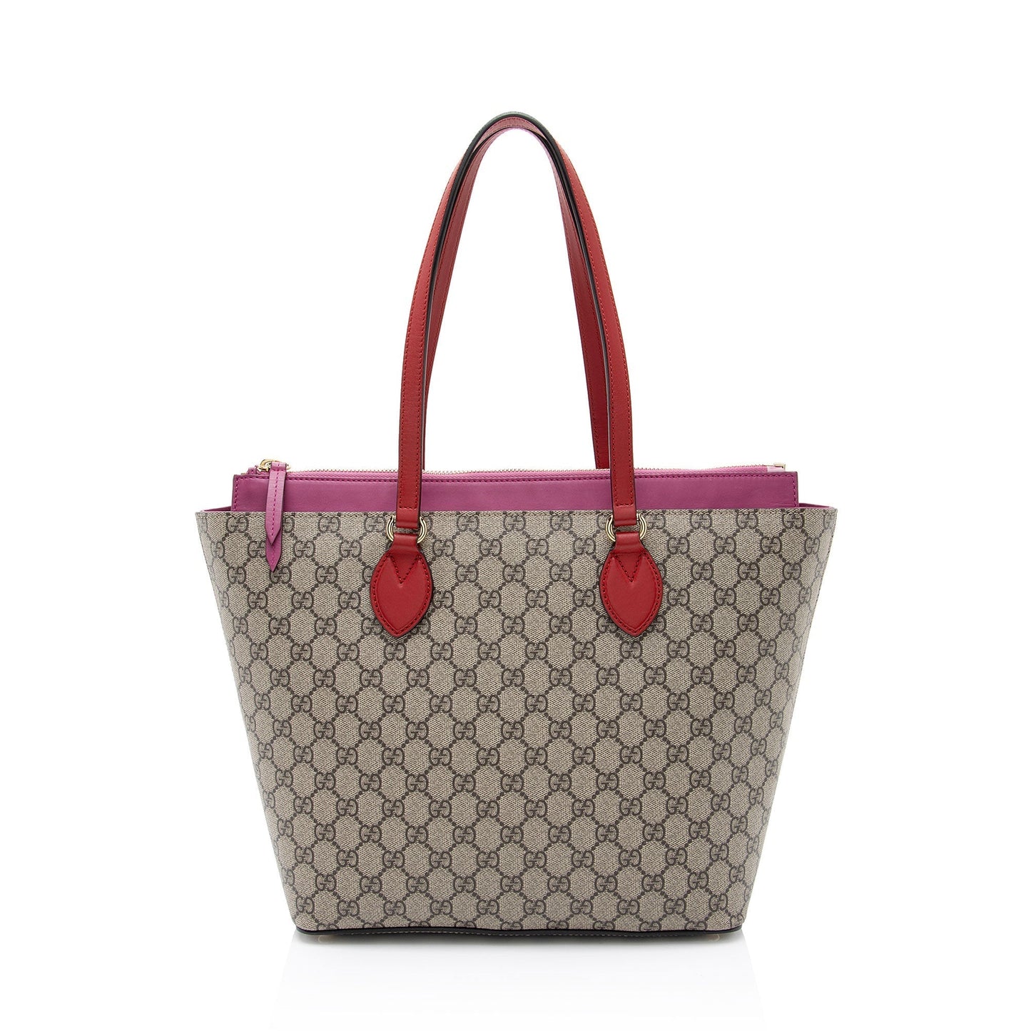Gucci GG Supreme Zip Leather Canvas Beige Red Tote Bag