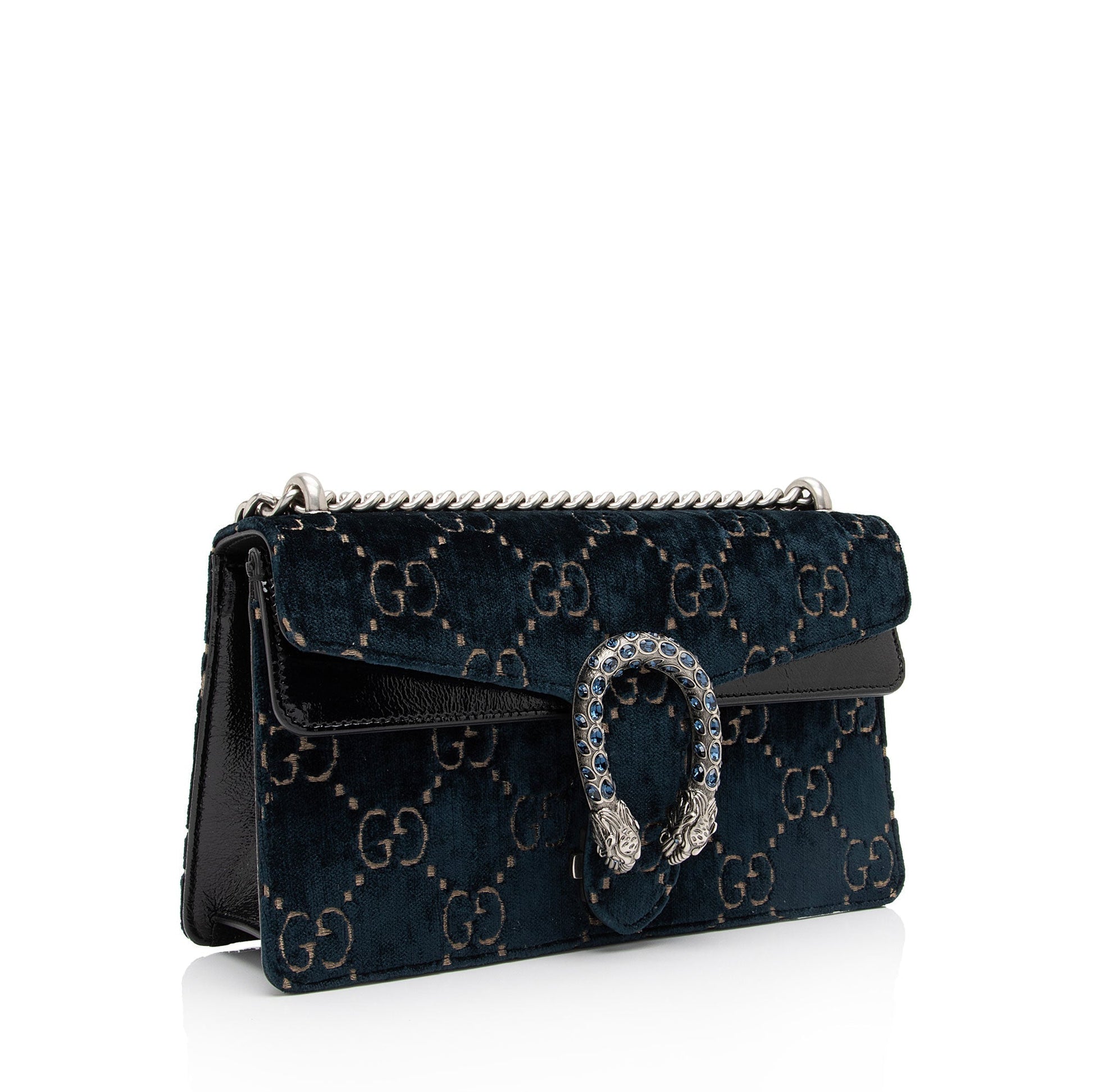 Gucci GG Velvet Dionysus SHF-KJgwRg Leather Patent Black Blue Crossbody Bag