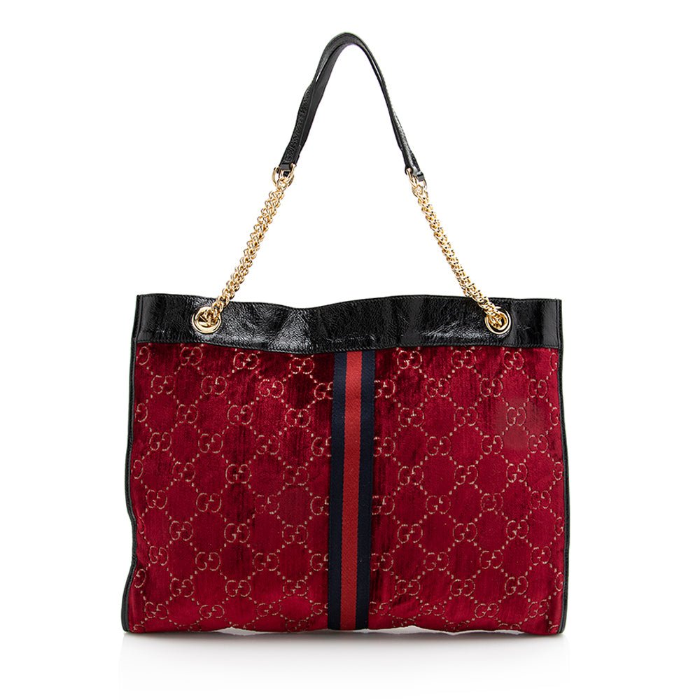 Gucci GG Velvet Rajah SHF Leather Nylon Black Red Tote Bag
