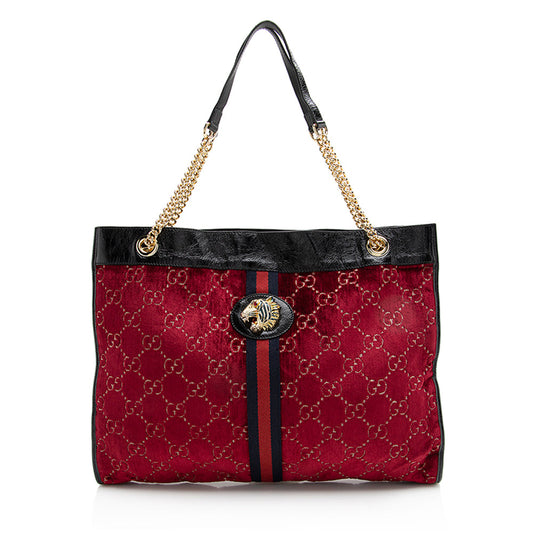 Gucci GG Velvet Rajah SHF Leather Nylon Black Red Tote Bag