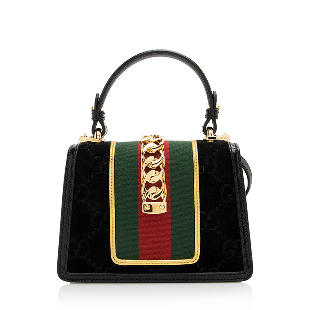 Gucci GG Velvet Sylvie SHF Leather Nylon Patent Black Satchel Bag