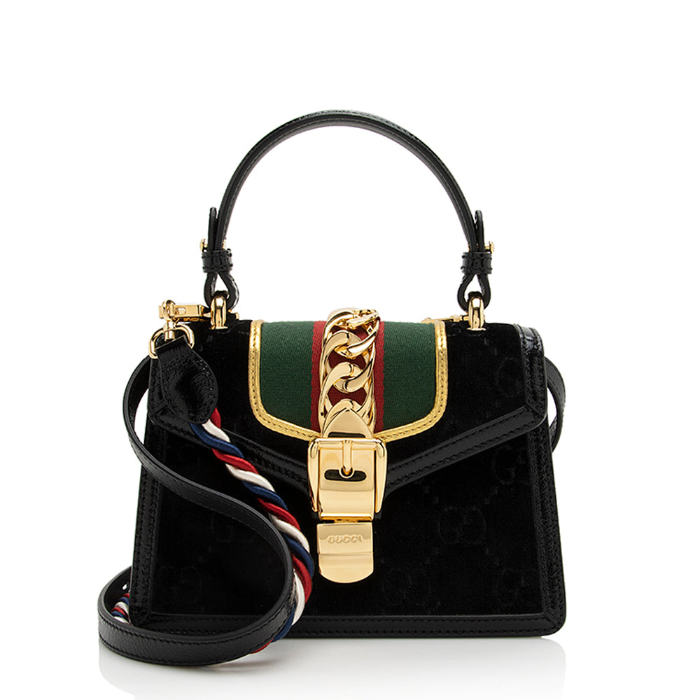 Gucci GG Velvet Sylvie SHF Leather Nylon Patent Black Satchel Bag