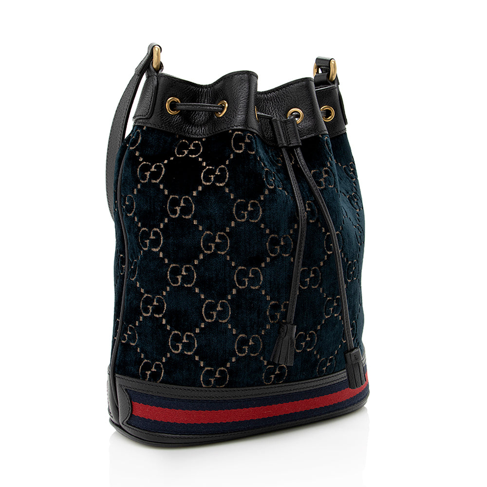 Gucci GG Velvet Web SHF Leather Nylon Blue Bucket Shoulder Bag