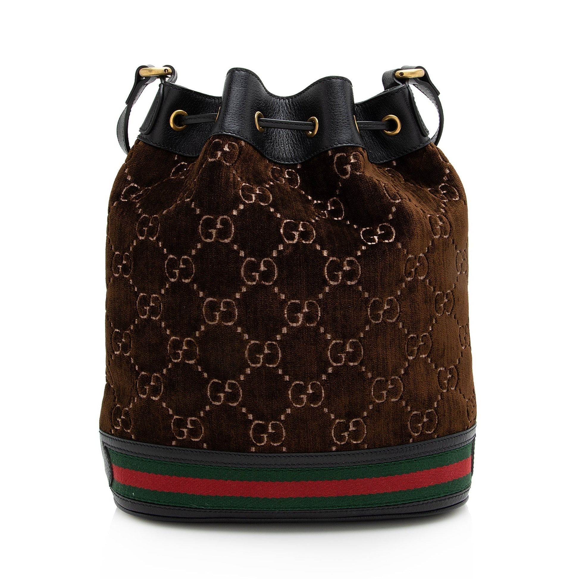 Gucci GG Velvet Web Bucket SHF Leather Nylon Black Brown Crossbody Bag