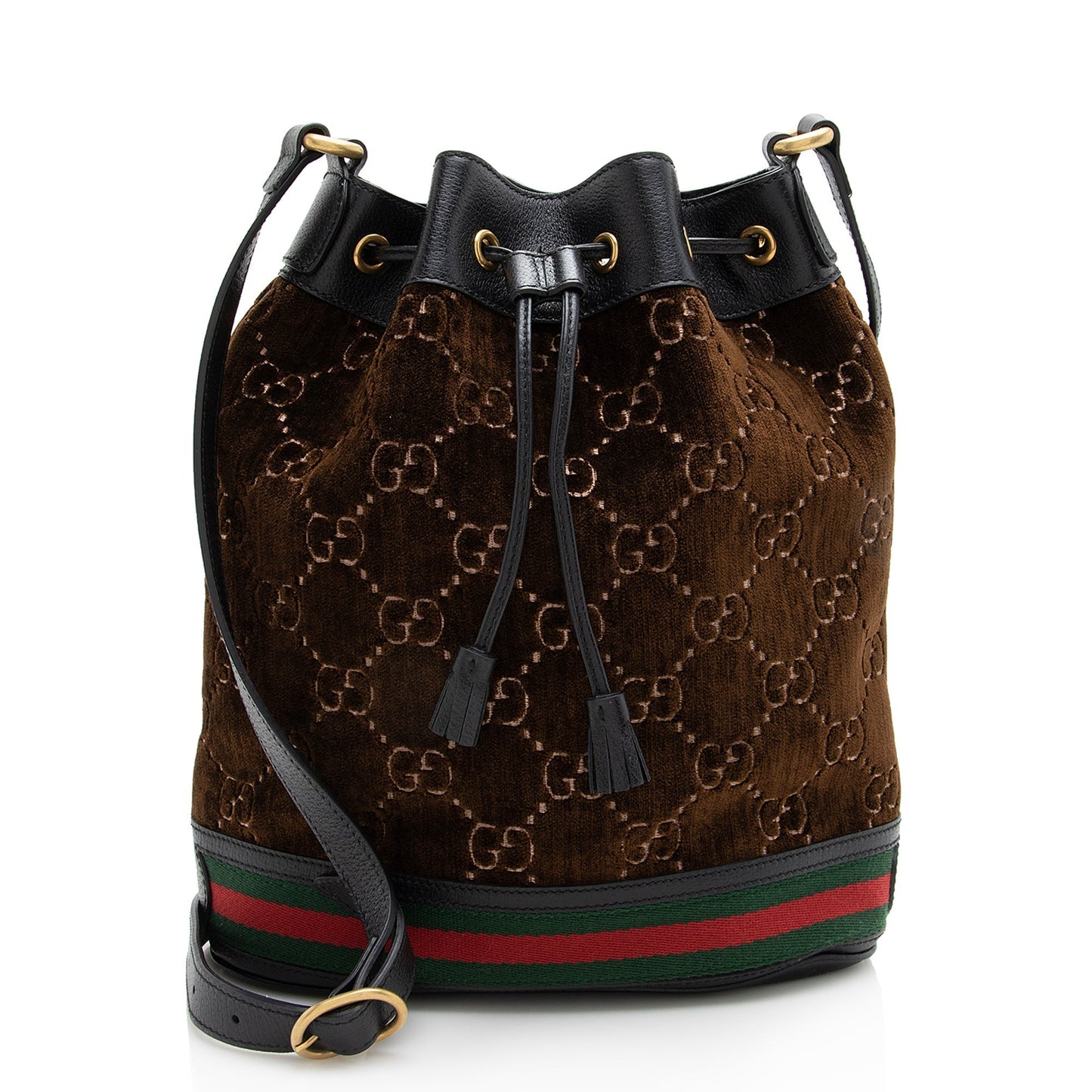 Gucci GG Velvet Web Bucket SHF Leather Nylon Black Brown Crossbody Bag