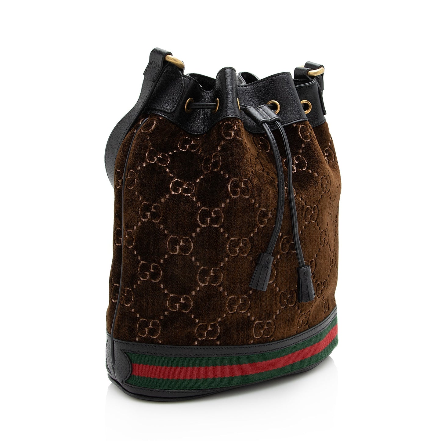 Gucci GG Velvet Web Bucket SHF Leather Nylon Black Brown Crossbody Bag