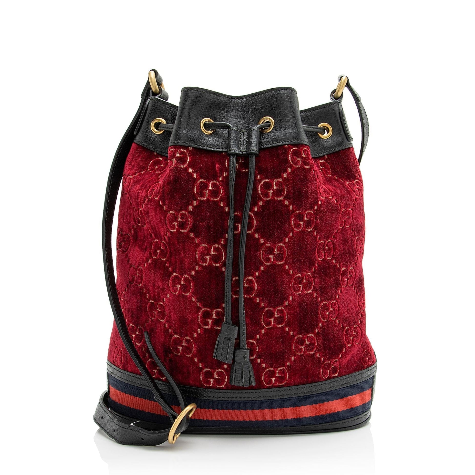 Gucci GG Velvet Web Bucket SHF Leather Nylon Black Red Crossbody Bag