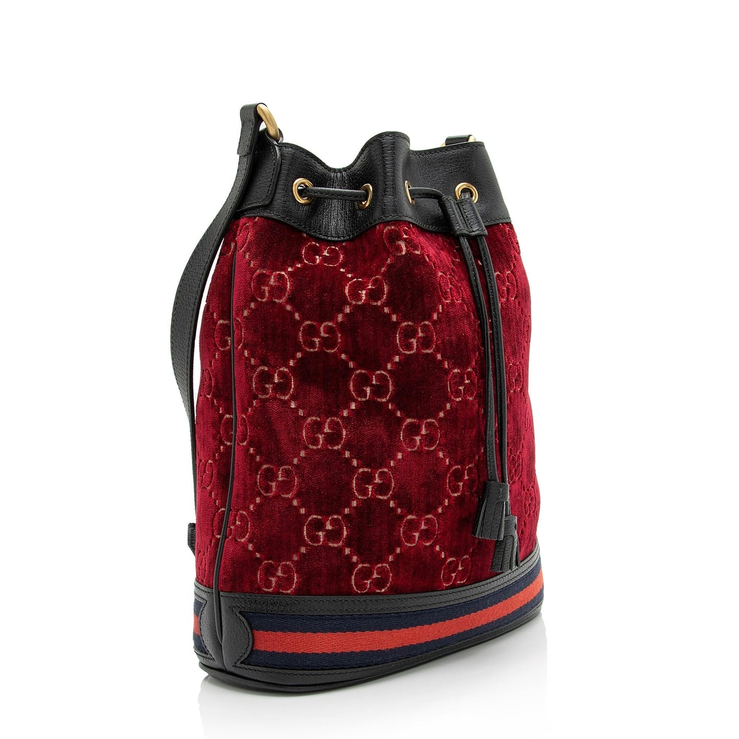 Gucci GG Velvet Web Bucket SHF Leather Nylon Black Red Crossbody Bag