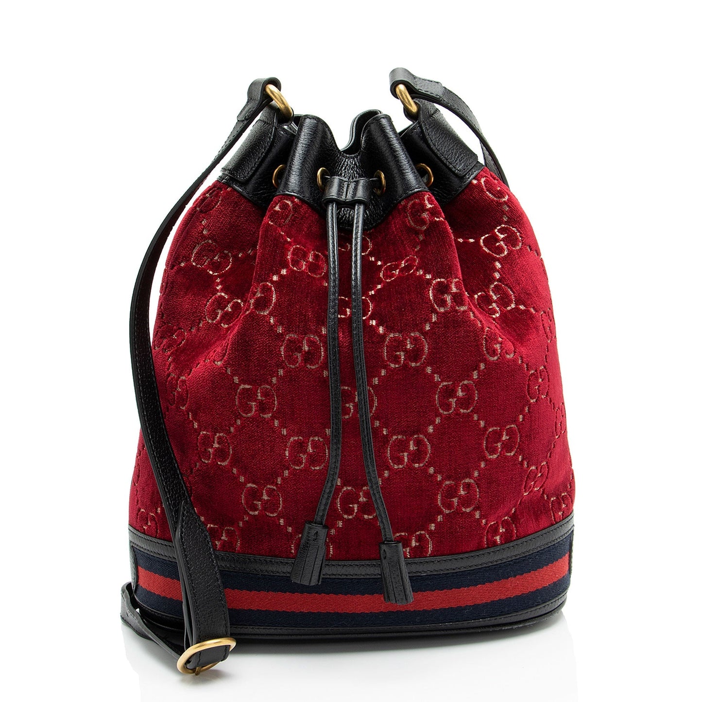 Gucci GG Velvet Web Bucket Leather Nylon Black Red Shoulder Bag