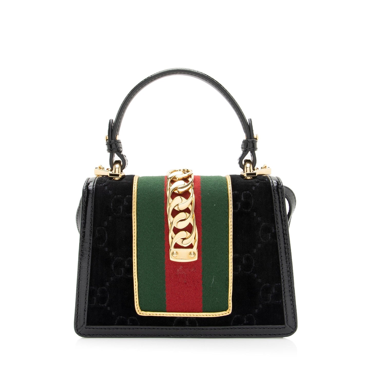 Gucci GG Velvet Web Sylvie Top Leather Nylon Patent Black Satchel Bag