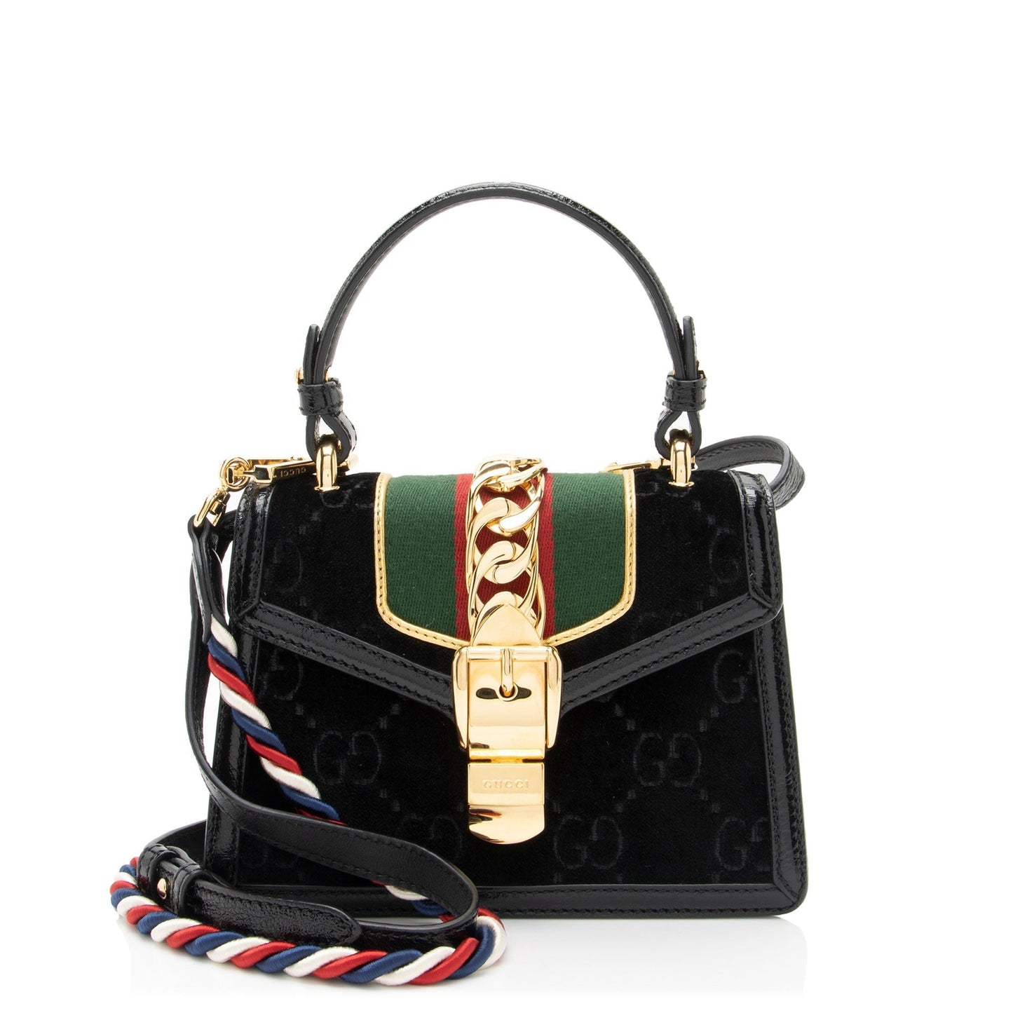 Gucci GG Velvet Web Sylvie Top Leather Nylon Patent Black Satchel Bag