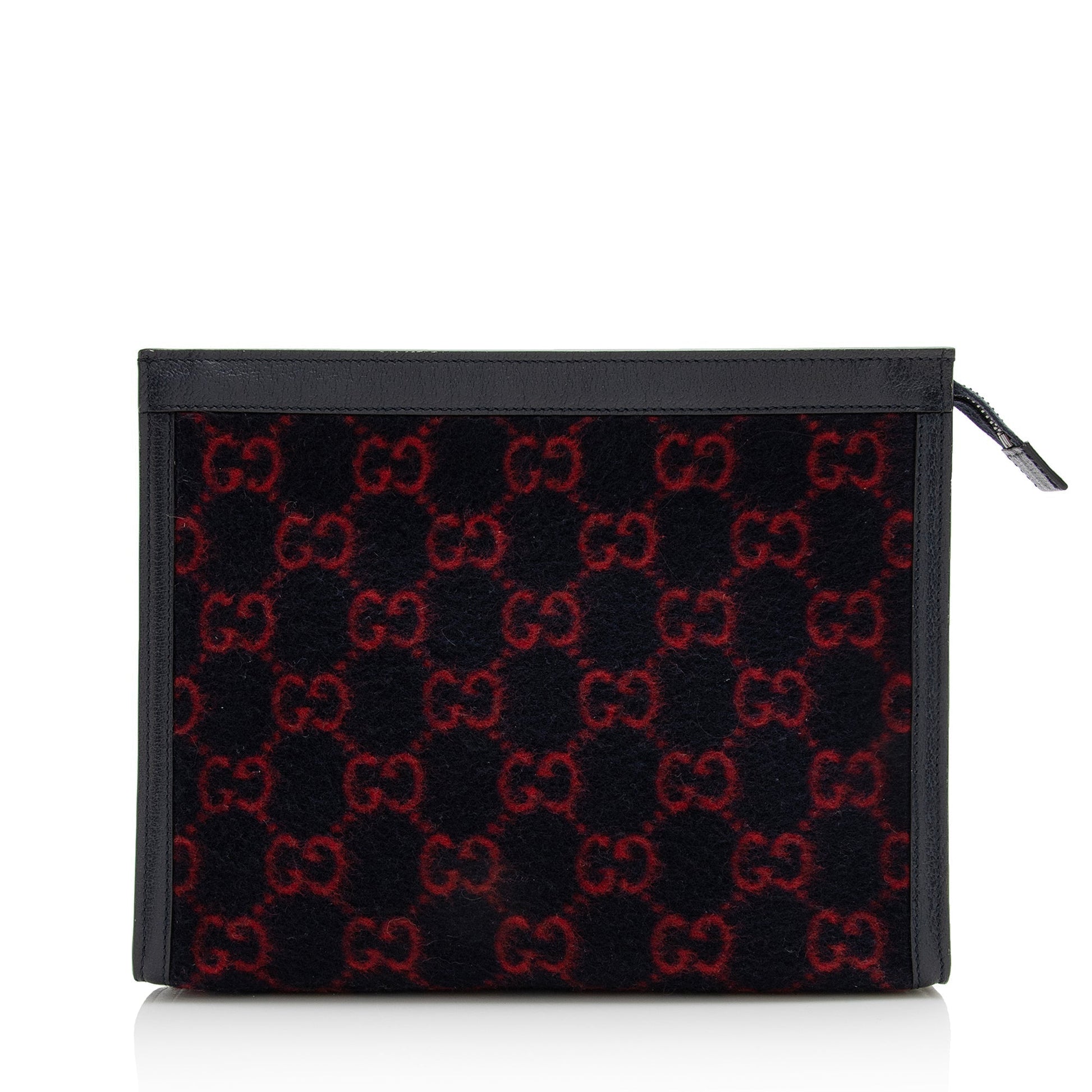 Gucci GG Wool Zip Pouch SHF Leather Black Red Clutch Bag