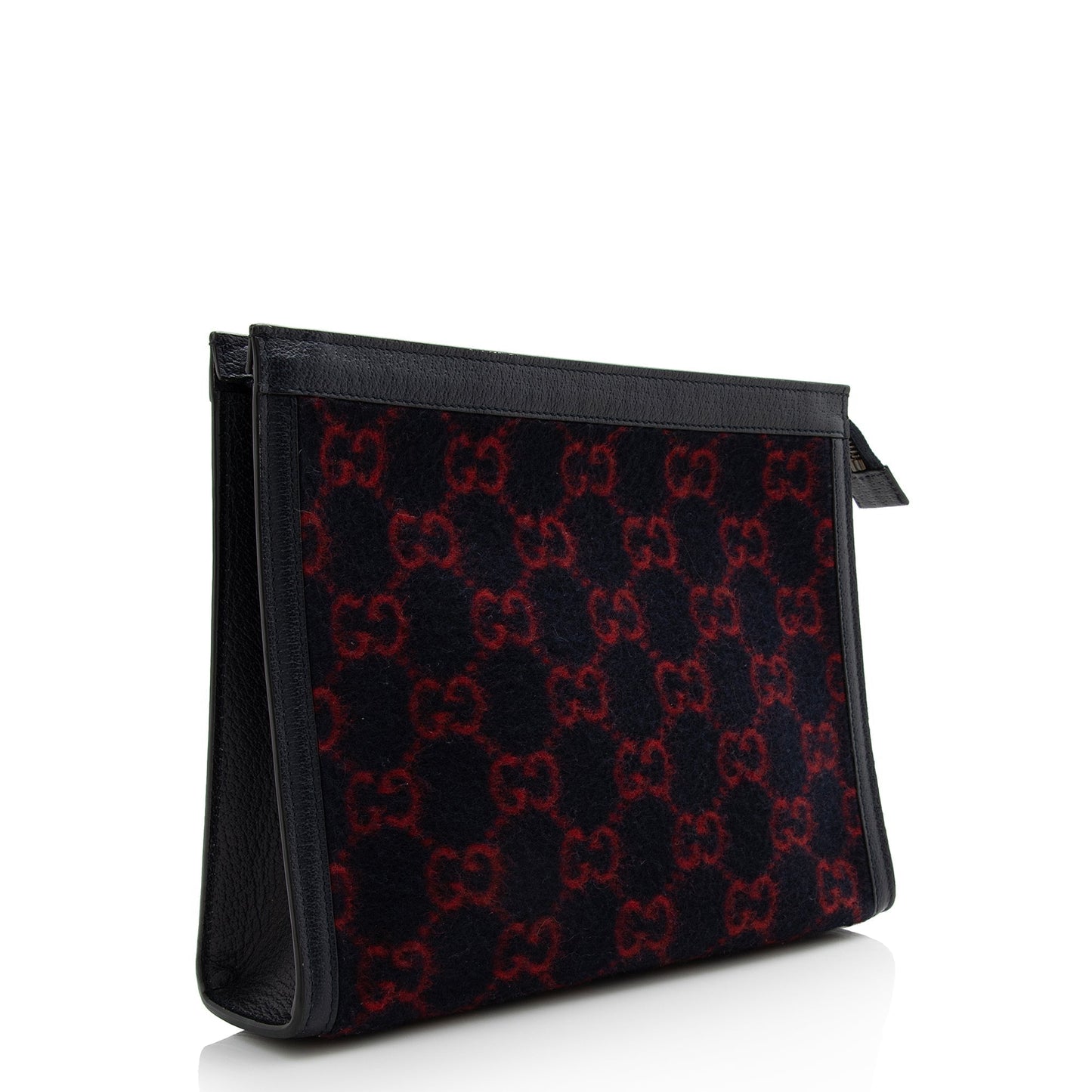 Gucci GG Wool Zip Pouch SHF Leather Black Red Clutch Bag