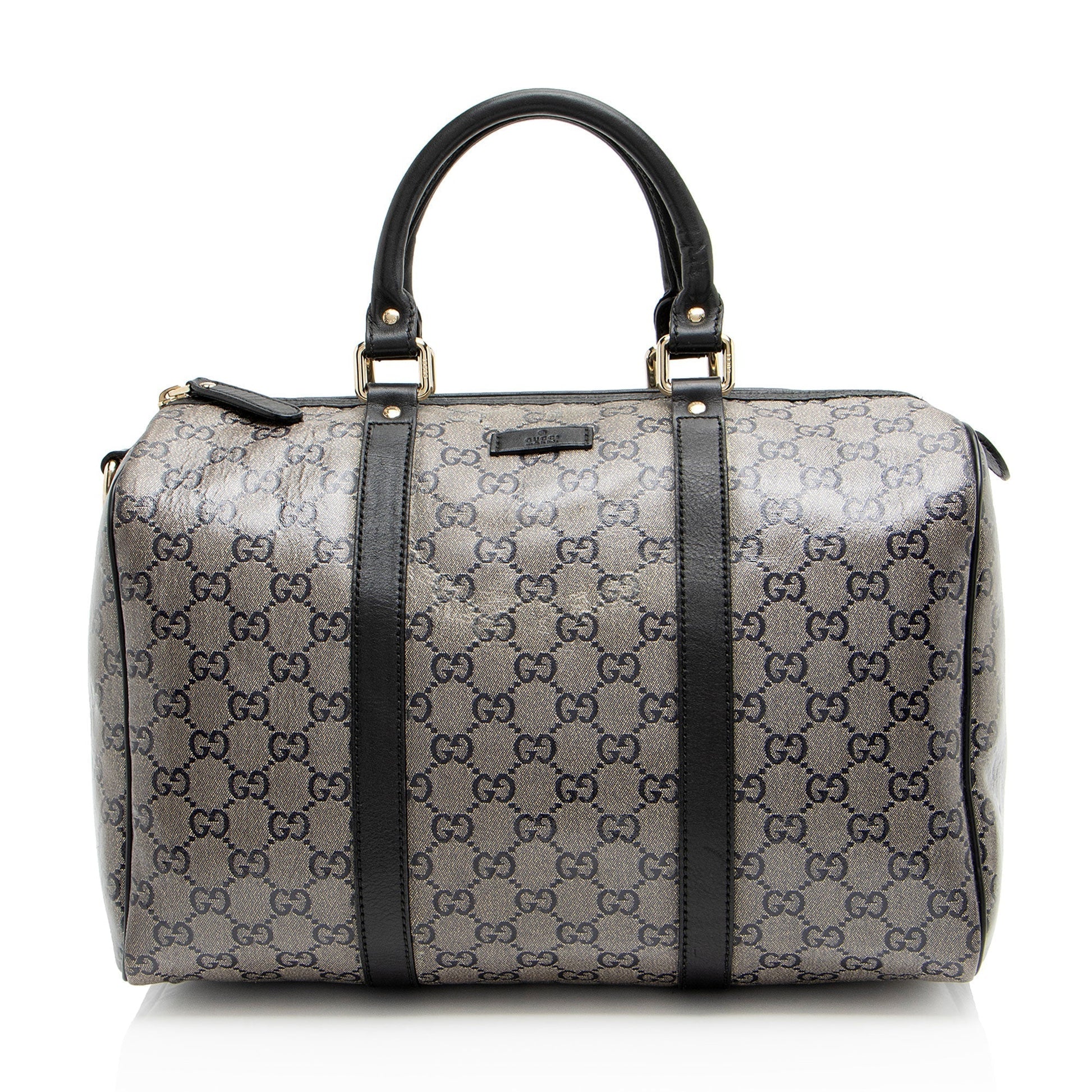 Gucci Glitter GG Supreme Joy Boston Leather Canvas Black Gold Satchel Bag