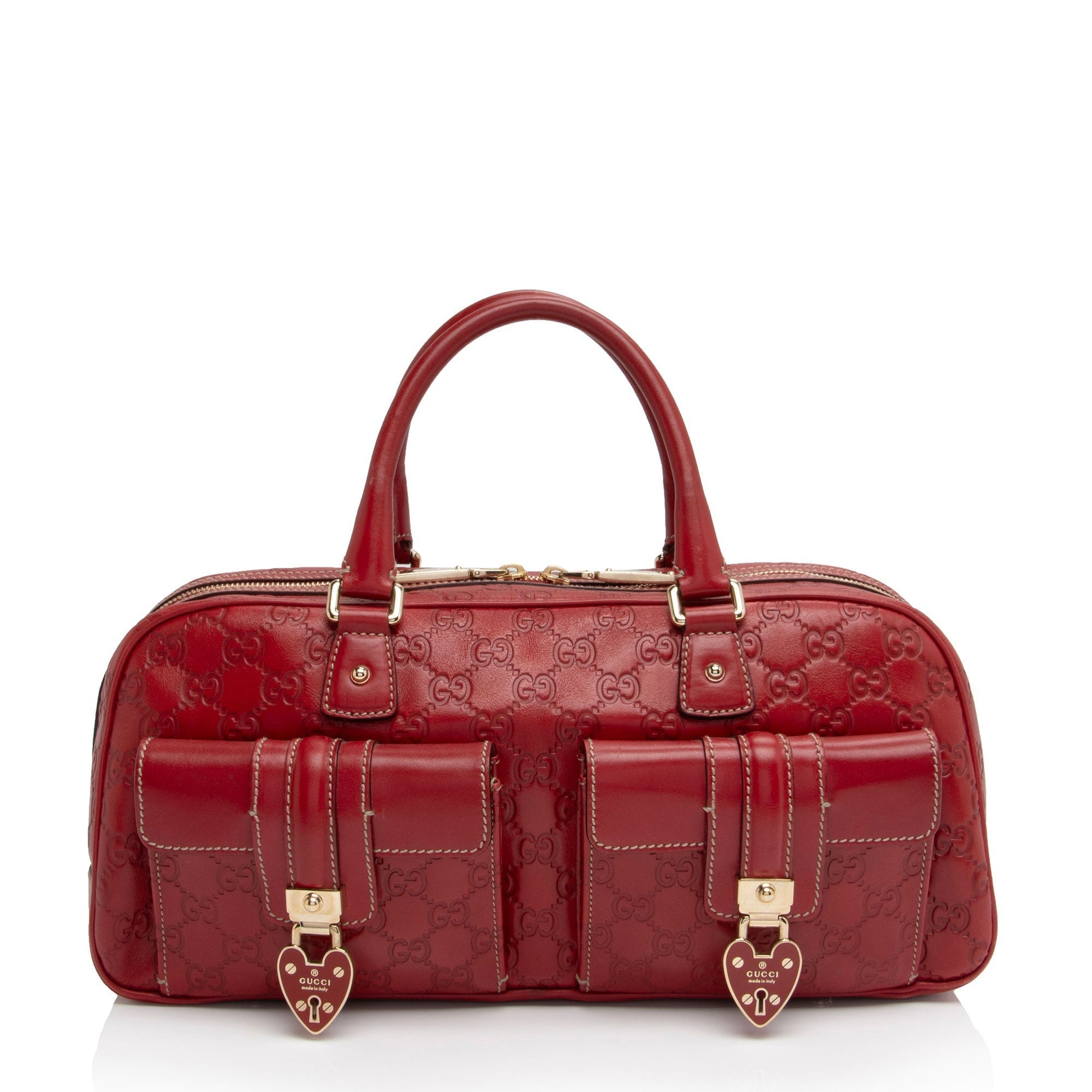 Gucci Guccissima Hearts Double Pocket SHF-vNNtte Leather Red Satchel Bag
