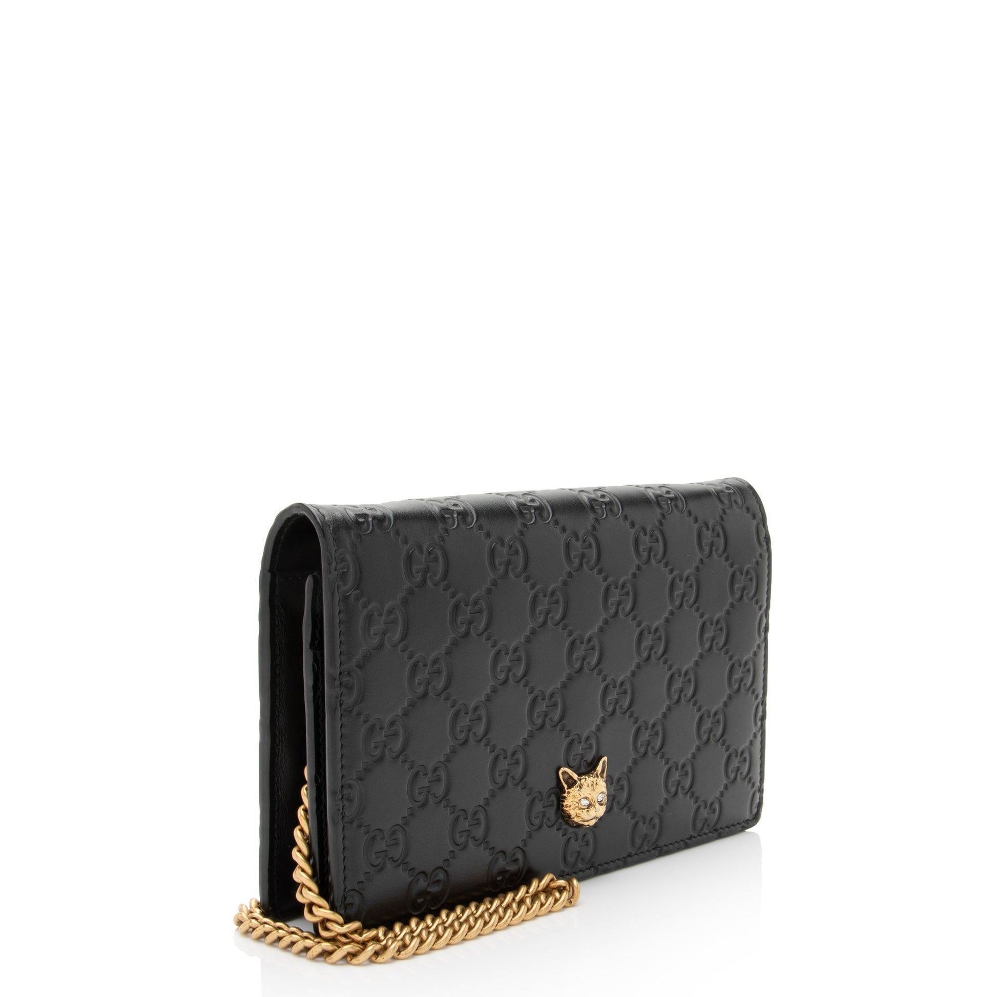 Gucci Guccissima Crystal Cat Wallet on Leather Black Chain Crossbody Bag