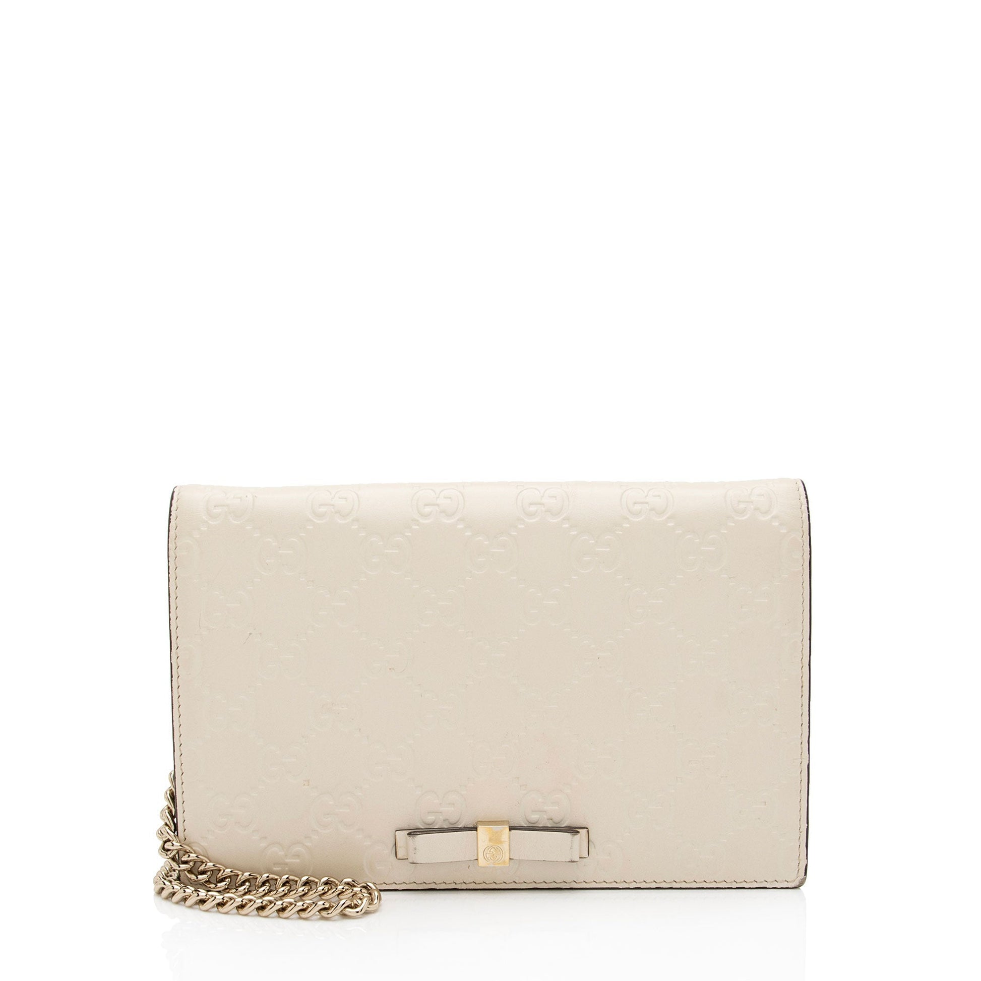 Gucci Guccissima Signature Bow Wallet On Leather White Mini Chain Crossbody Bag Shf Faynzo