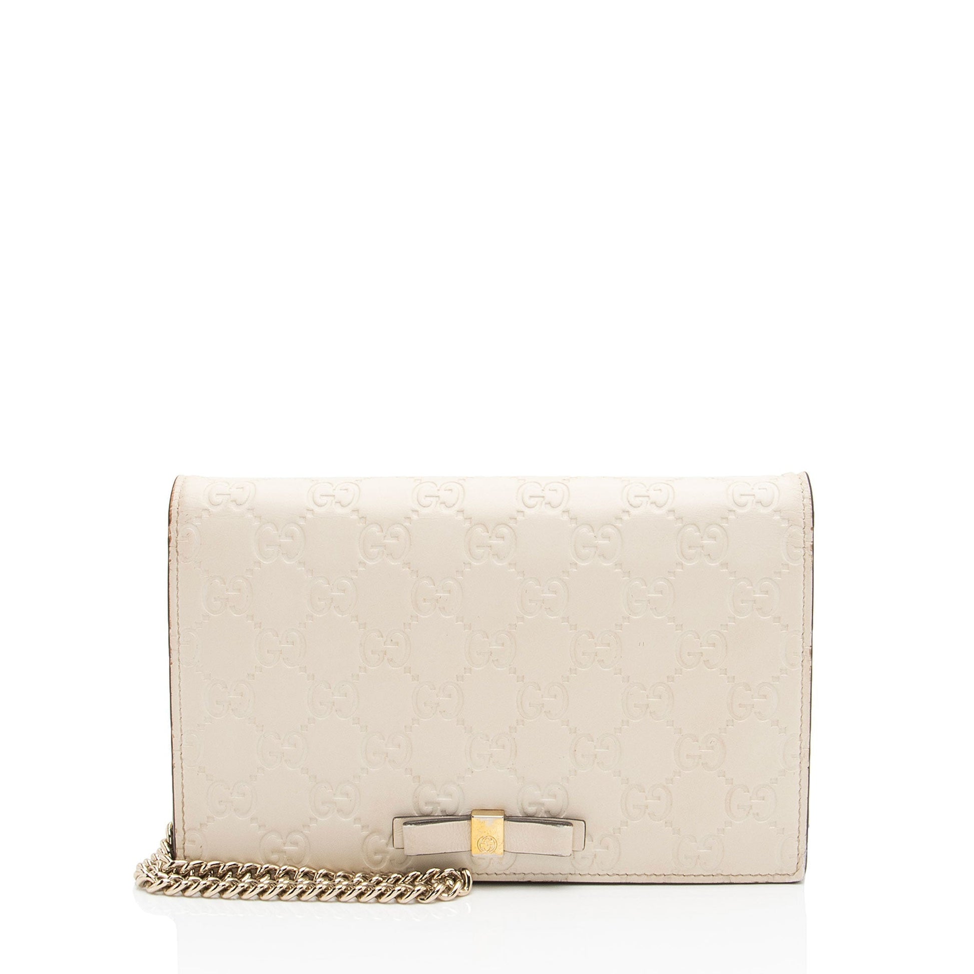 Gucci Guccissima Signature Bow Wallet on Leather White Mini Chain Crossbody Bag Shf Ojrdde
