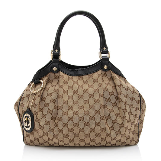 Gucci GG Sukey SHF-VHUhKL Leather Canvas Black Beige Tote Bag