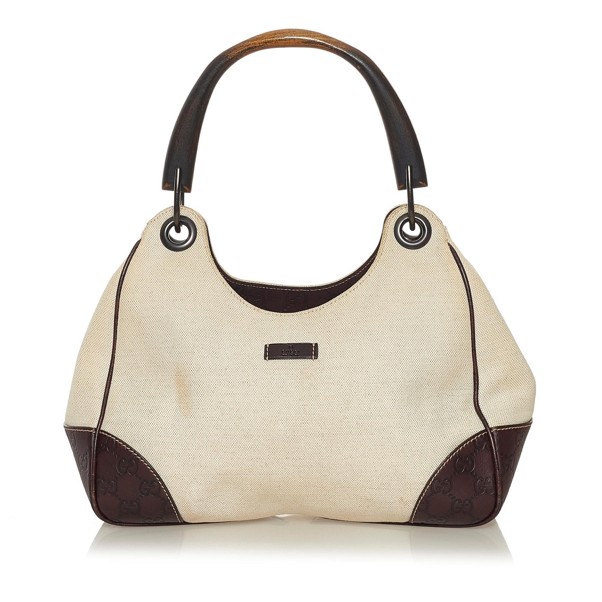 Gucci Guccissima-Trimmed Colbert Wooden Handle SHG Canvas Brown Shoulder Bag