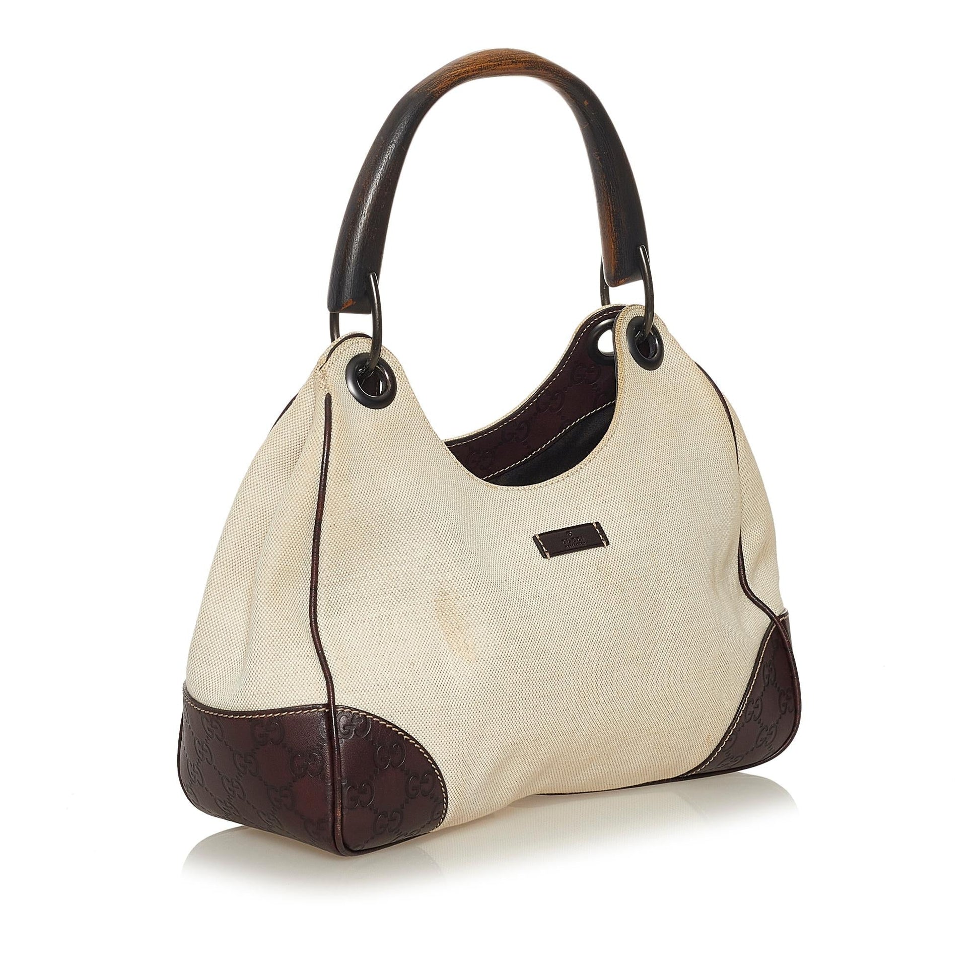 Gucci Guccissima-Trimmed Colbert Wooden Handle SHG Canvas Brown Shoulder Bag