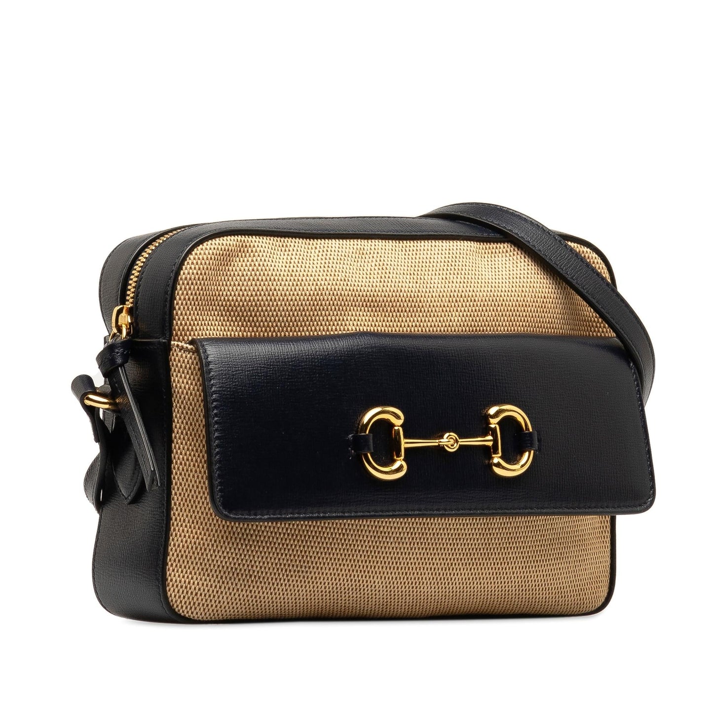 Gucci Horsebit Flap Pocket Camera Canvas Calf Brown Blue Crossbody Bag