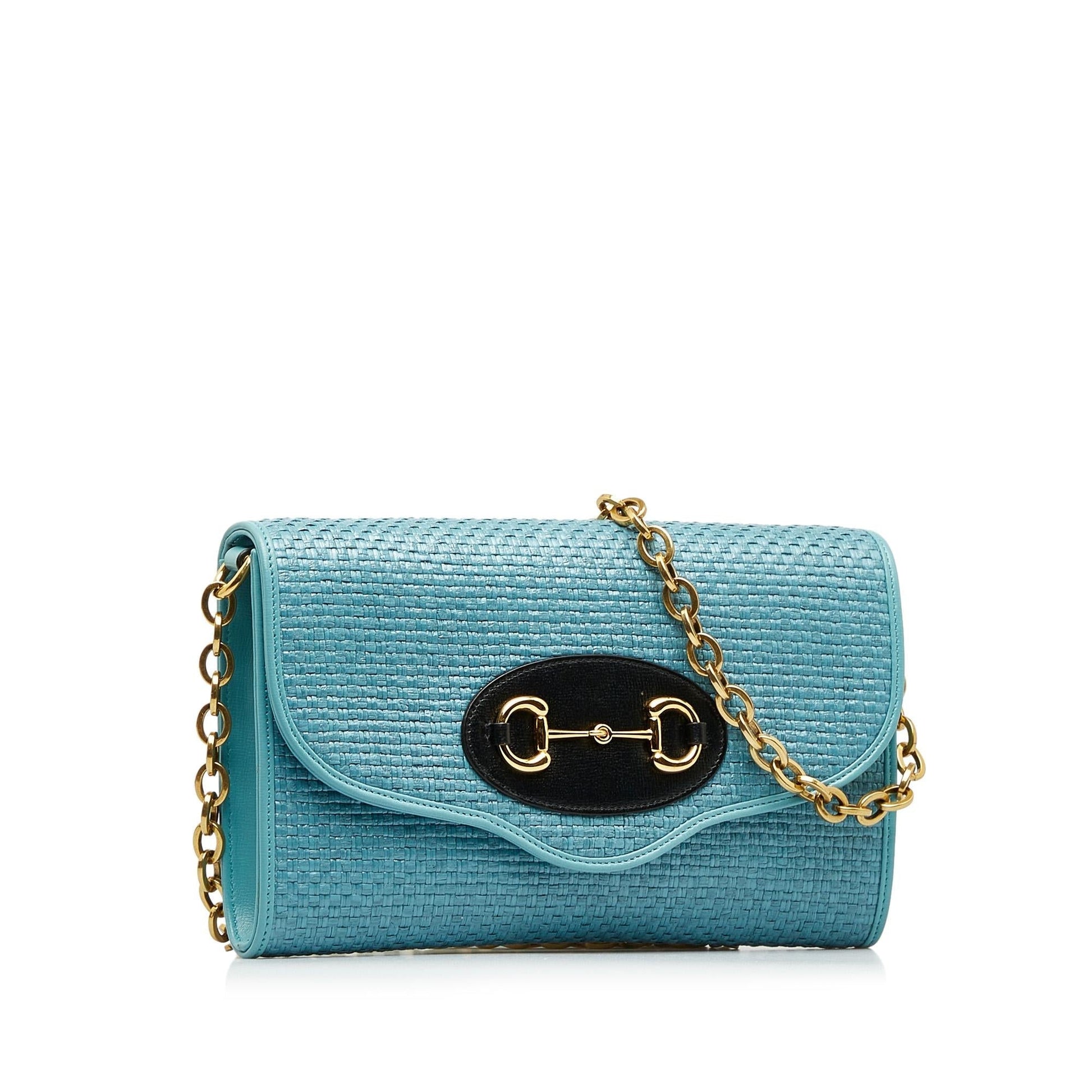 Gucci Horsebit SHG-4v9ib8 Raffia Blue Chain Shoulder Bag