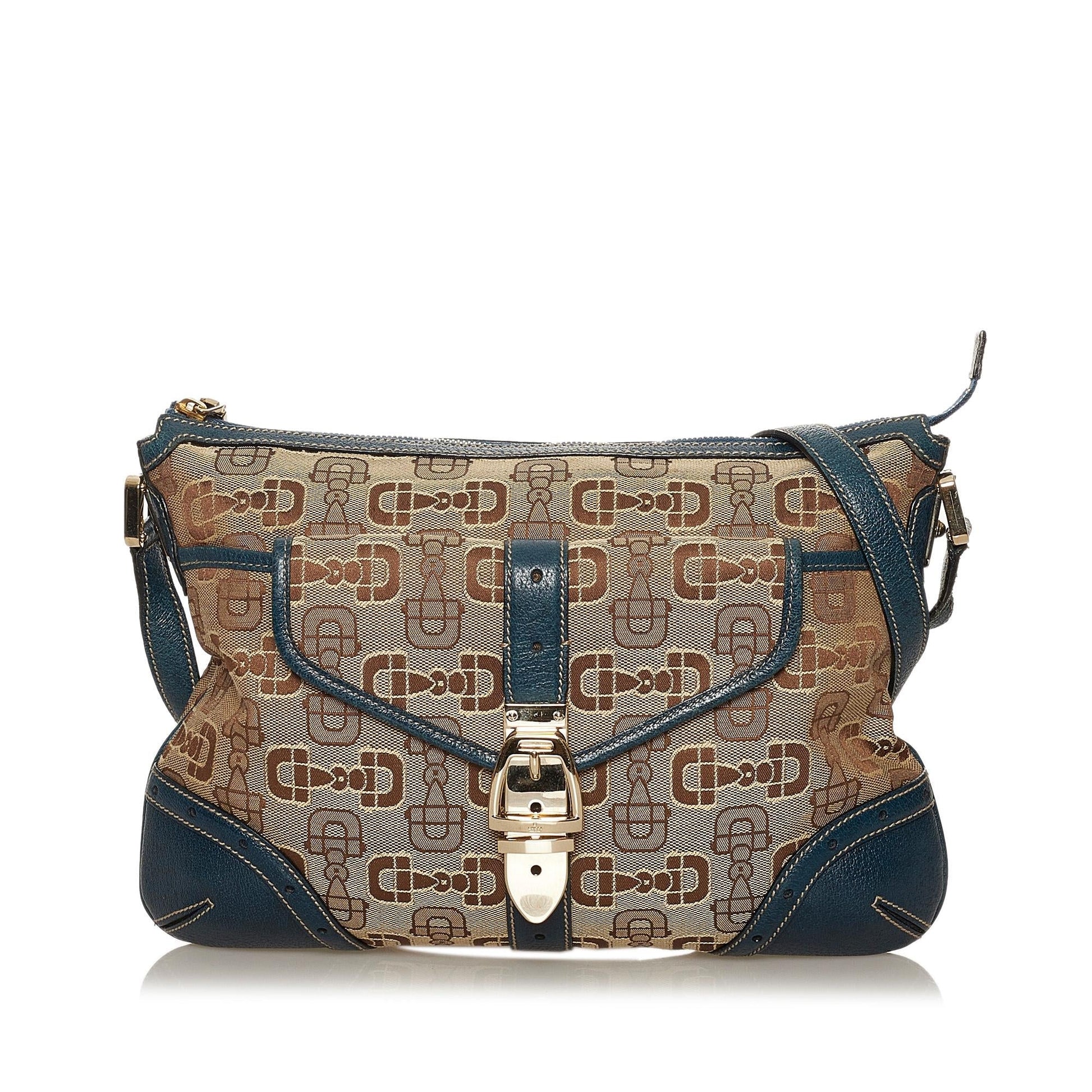 Gucci Horsebit SHG Canvas Calf Brown Blue Crossbody Bag
