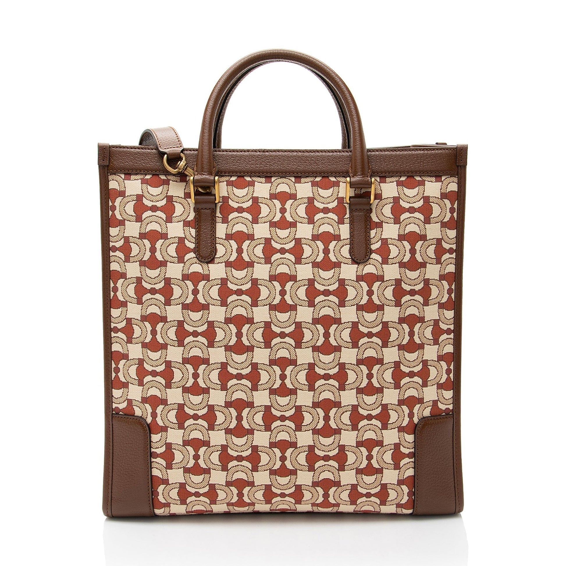 Gucci Horsebit Jacquard Interlocking G Leather Canvas Brown Tote Bag