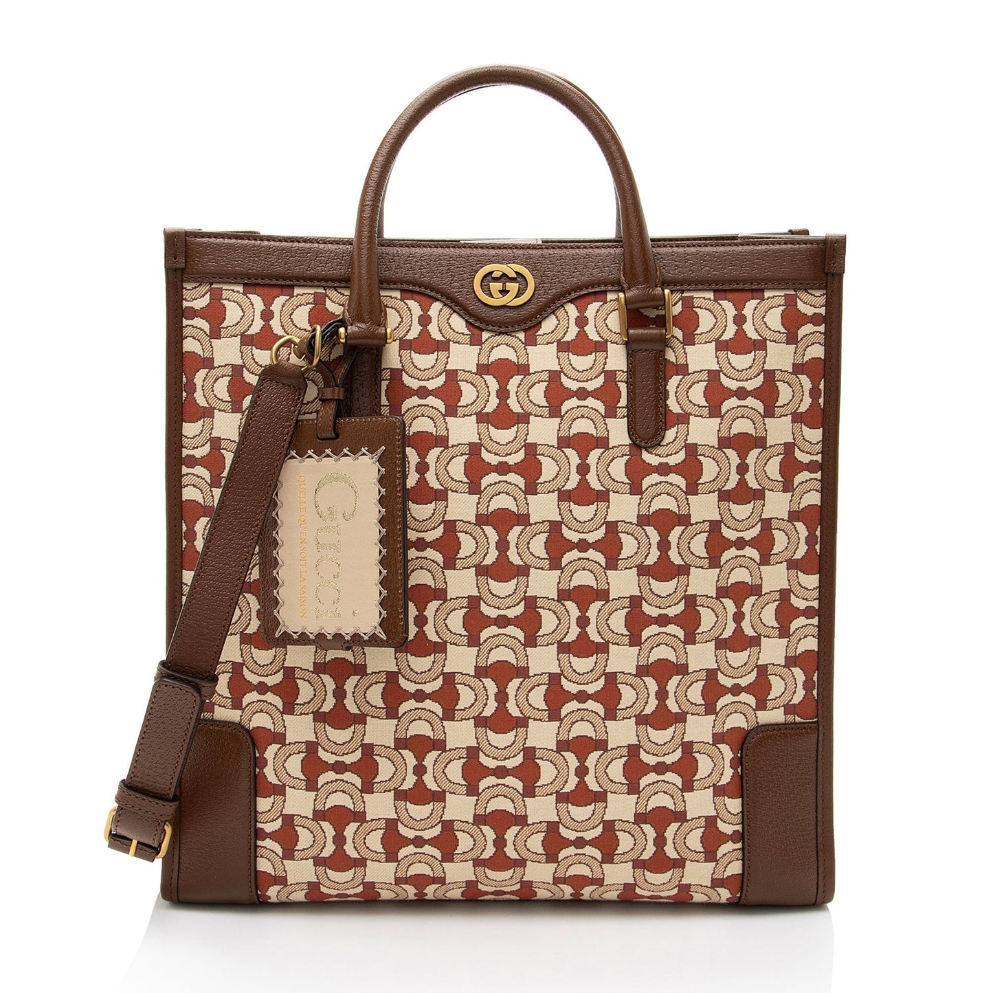 Gucci Horsebit Jacquard Interlocking G Leather Canvas Brown Tote Bag
