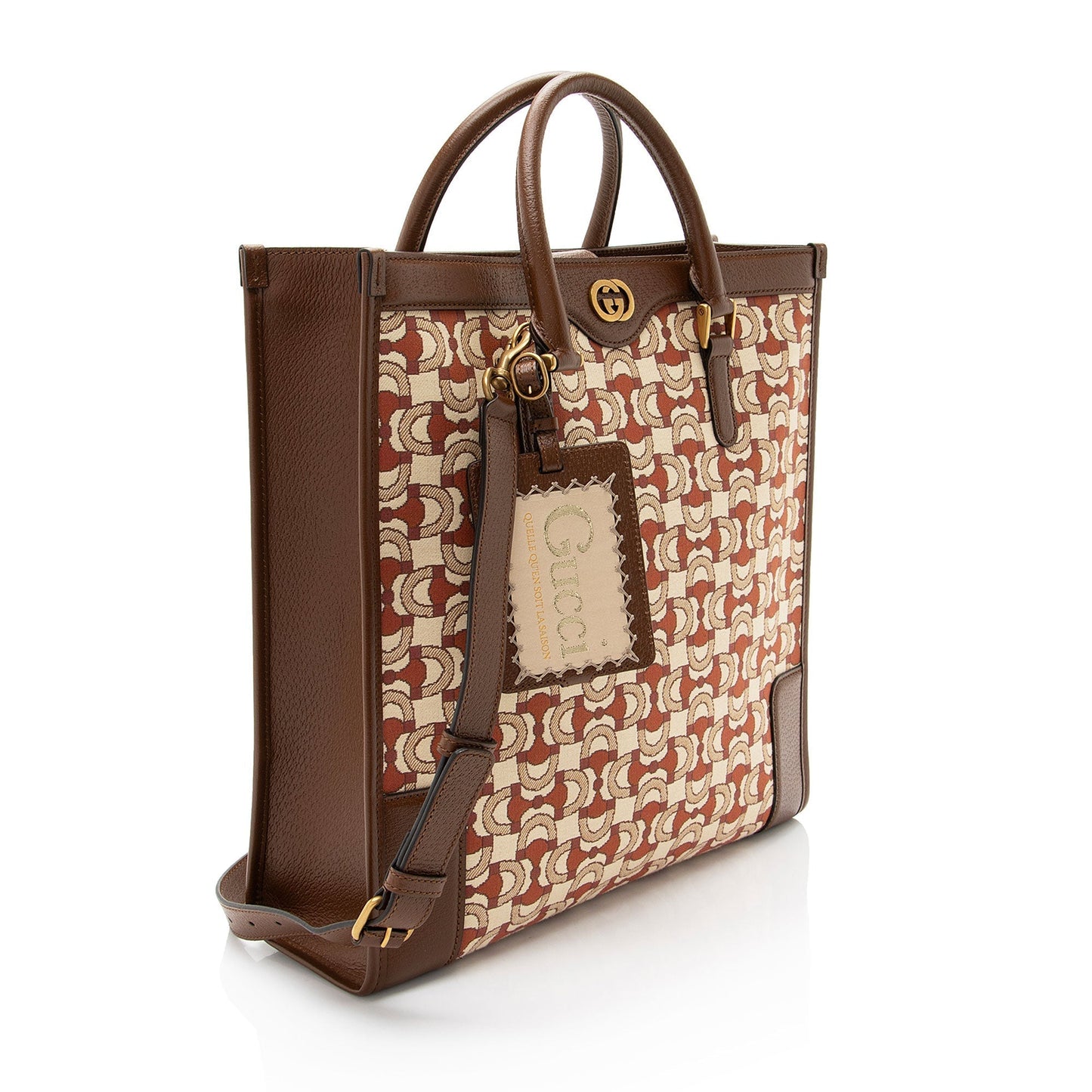 Gucci Horsebit Jacquard Interlocking G Leather Canvas Brown Tote Bag
