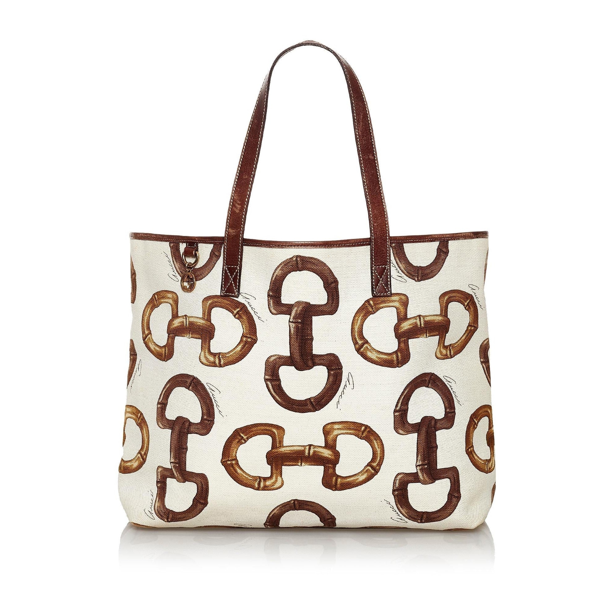 Gucci Horsebit Print SHG Canvas White Brown Tote Bag