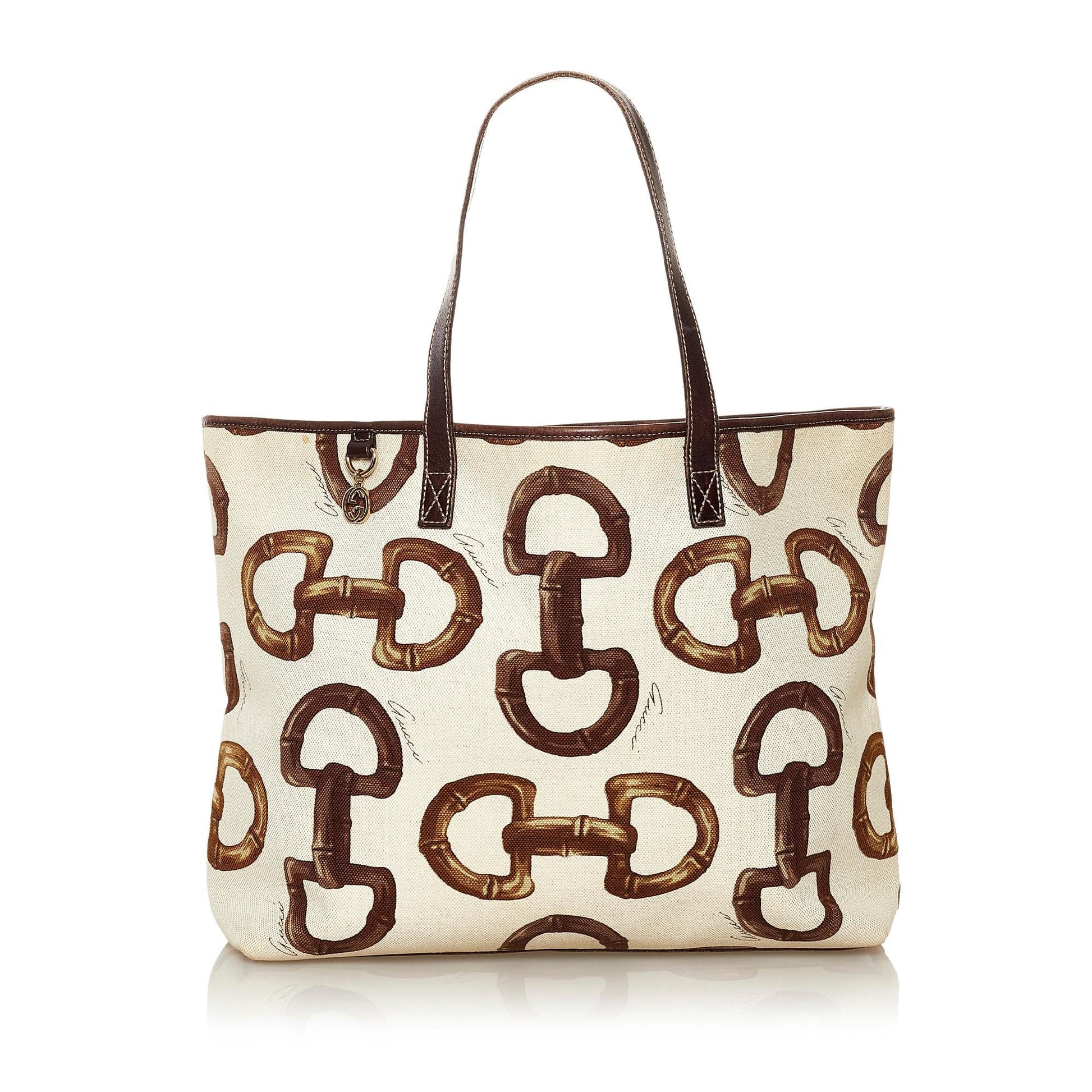 Gucci Horsebit SHG Canvas White Brown Tote Bag