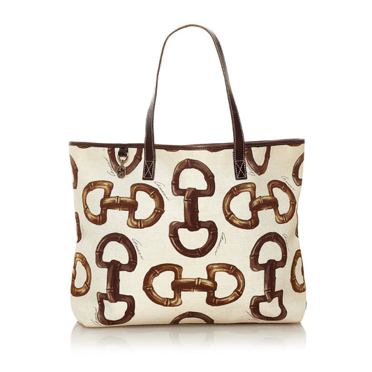 Gucci Horsebit SHG Canvas White Brown Tote Bag