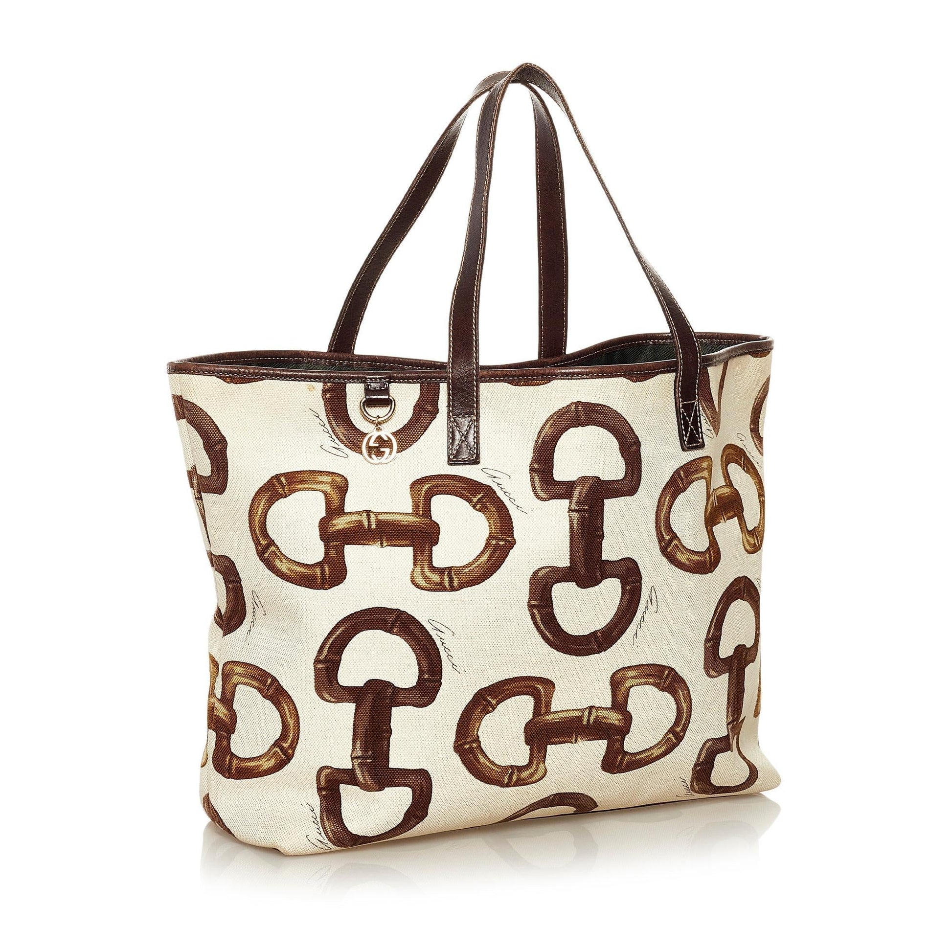 Gucci Horsebit SHG Canvas White Brown Tote Bag