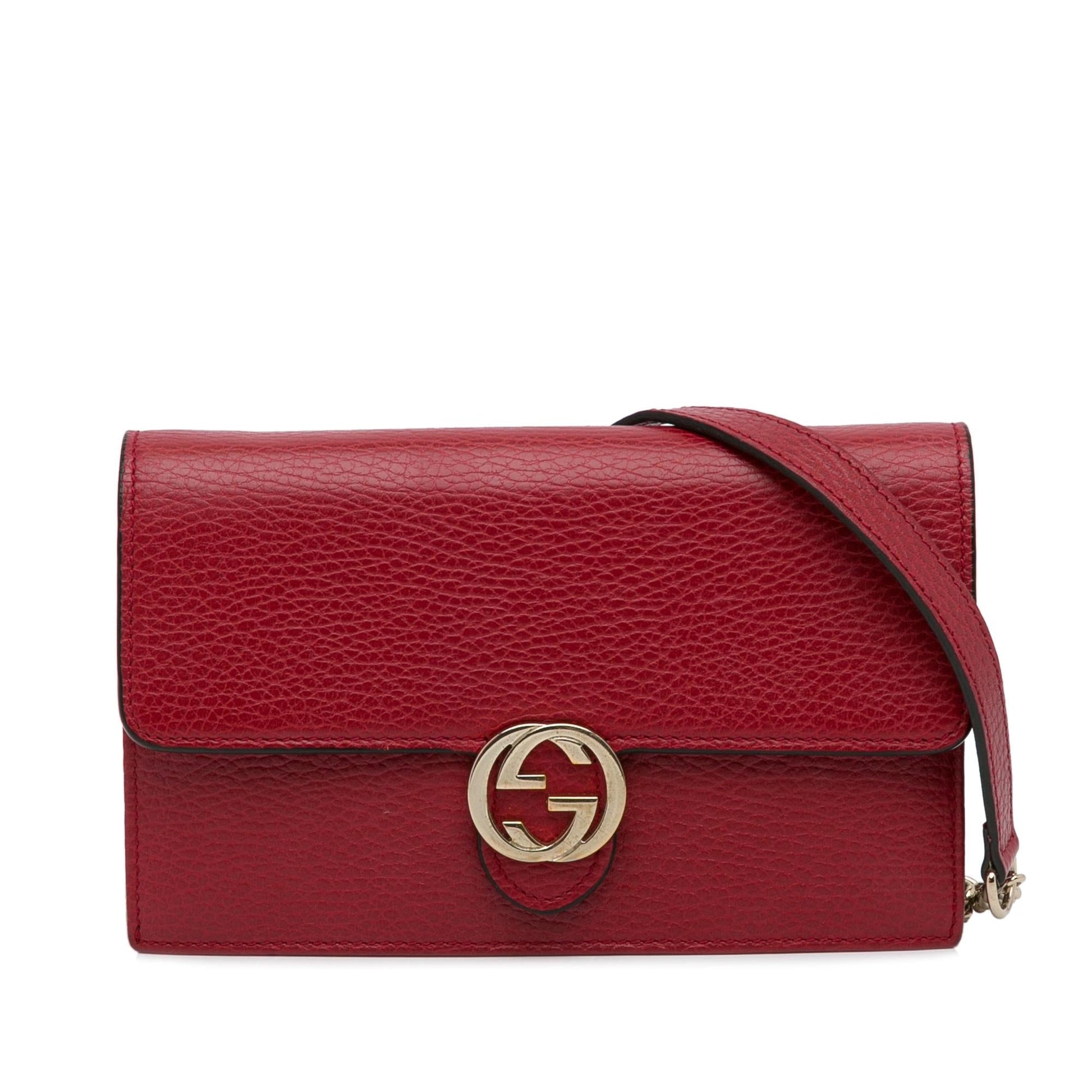 Gucci Interlocking G Dollar Wallet on Calf Red Chain Crossbody Bag Shg Kocg1F
