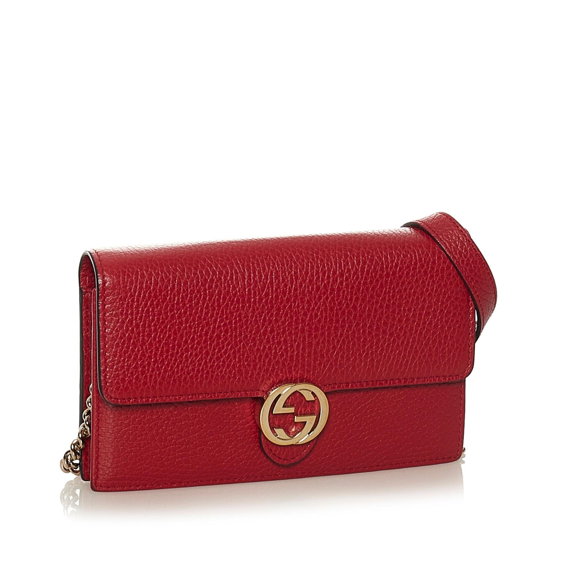 Gucci Interlocking G Wallet On SHG Calf Red Chain Crossbody Bag Chain Shg