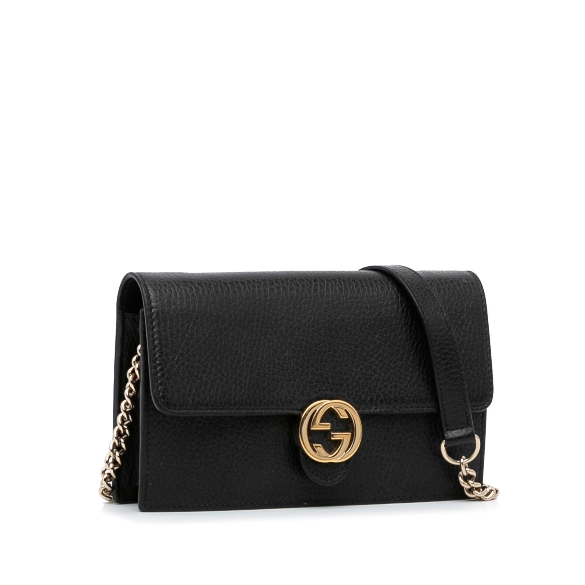 Gucci Interlocking G Wallet On SHG-NboyGA Calf Black Chain Crossbody Bag