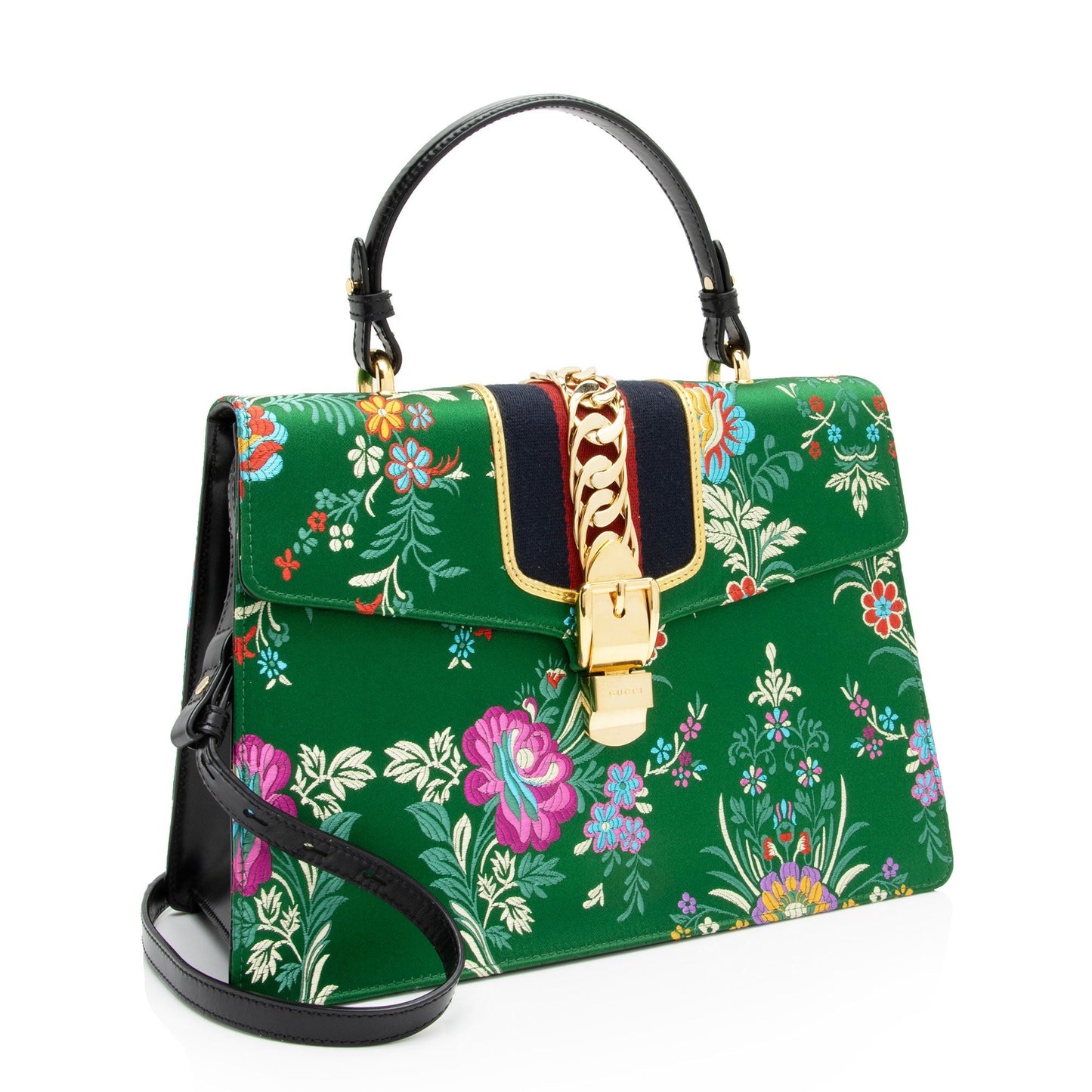 Gucci Jacquard Floral Sylvie Top Handle Leather Nylon Green Medium Satchel Bag