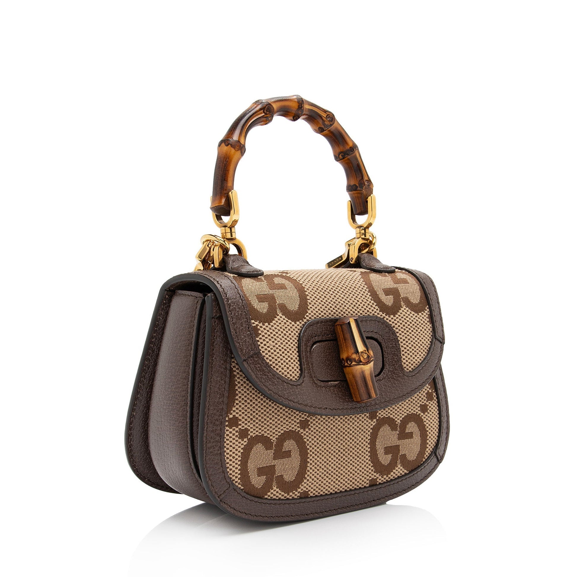 Gucci Jumbo GG Bamboo Top Handle Leather Canvas Nylon Brown Satchel Bag Shf Gbad9H