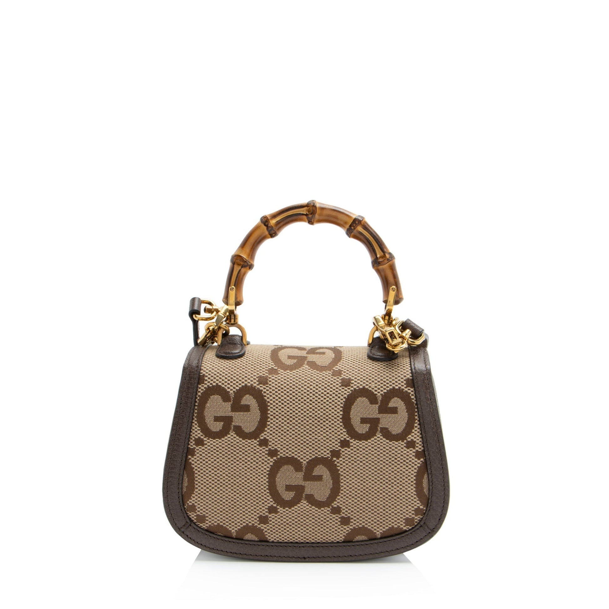 Gucci Jumbo GG Bamboo Top Handle Leather Canvas Nylon Brown Satchel Bag