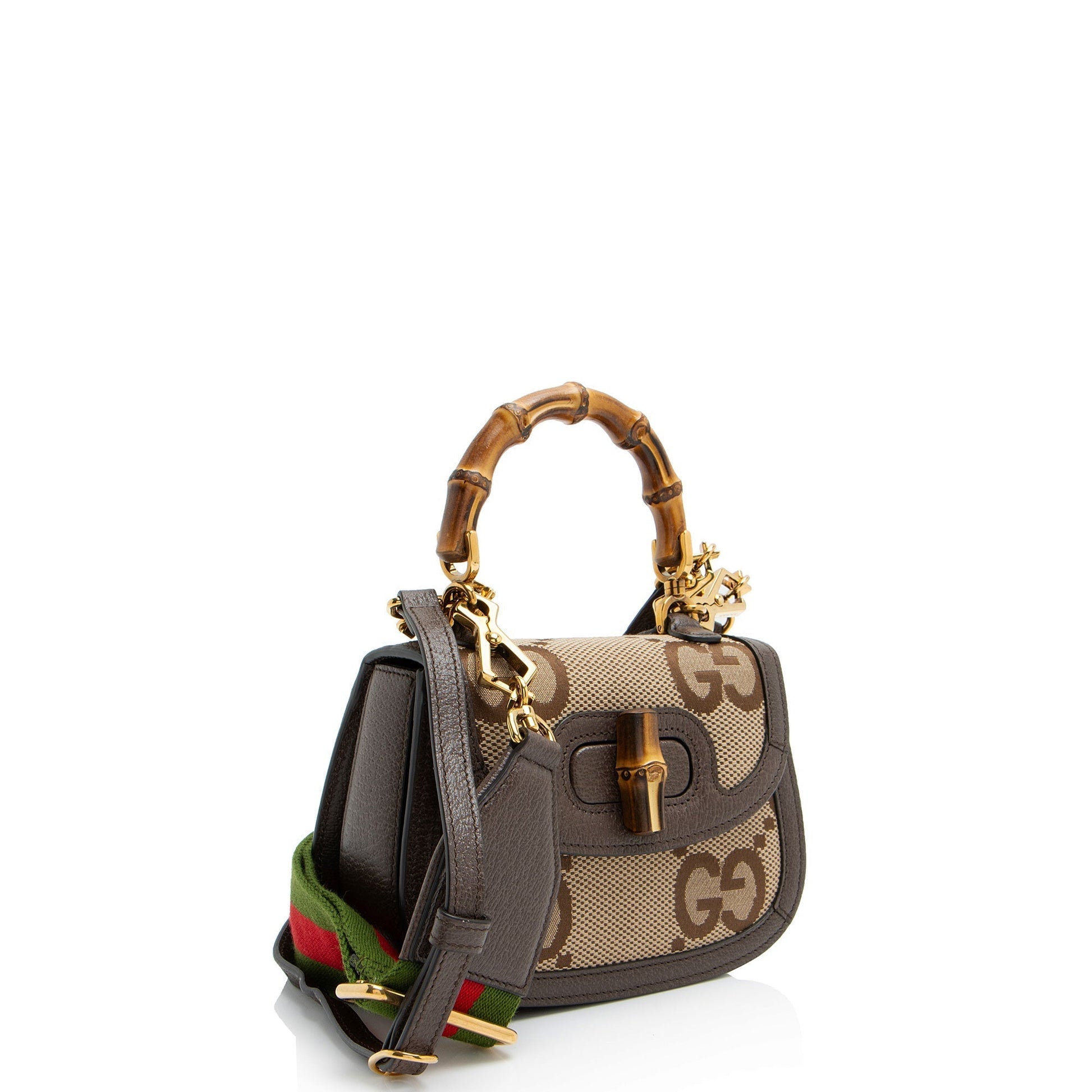 Gucci Jumbo GG Bamboo Top Handle Leather Canvas Nylon Brown Satchel Bag