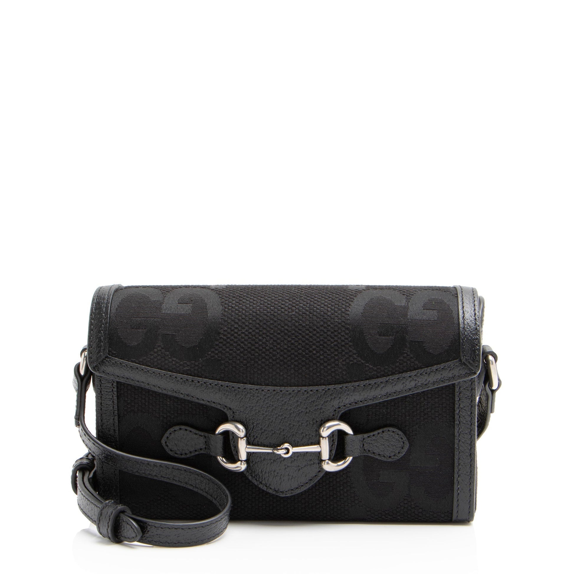 Gucci Jumbo GG Horsebit Leather Canvas Black Mini Crossbody Bag