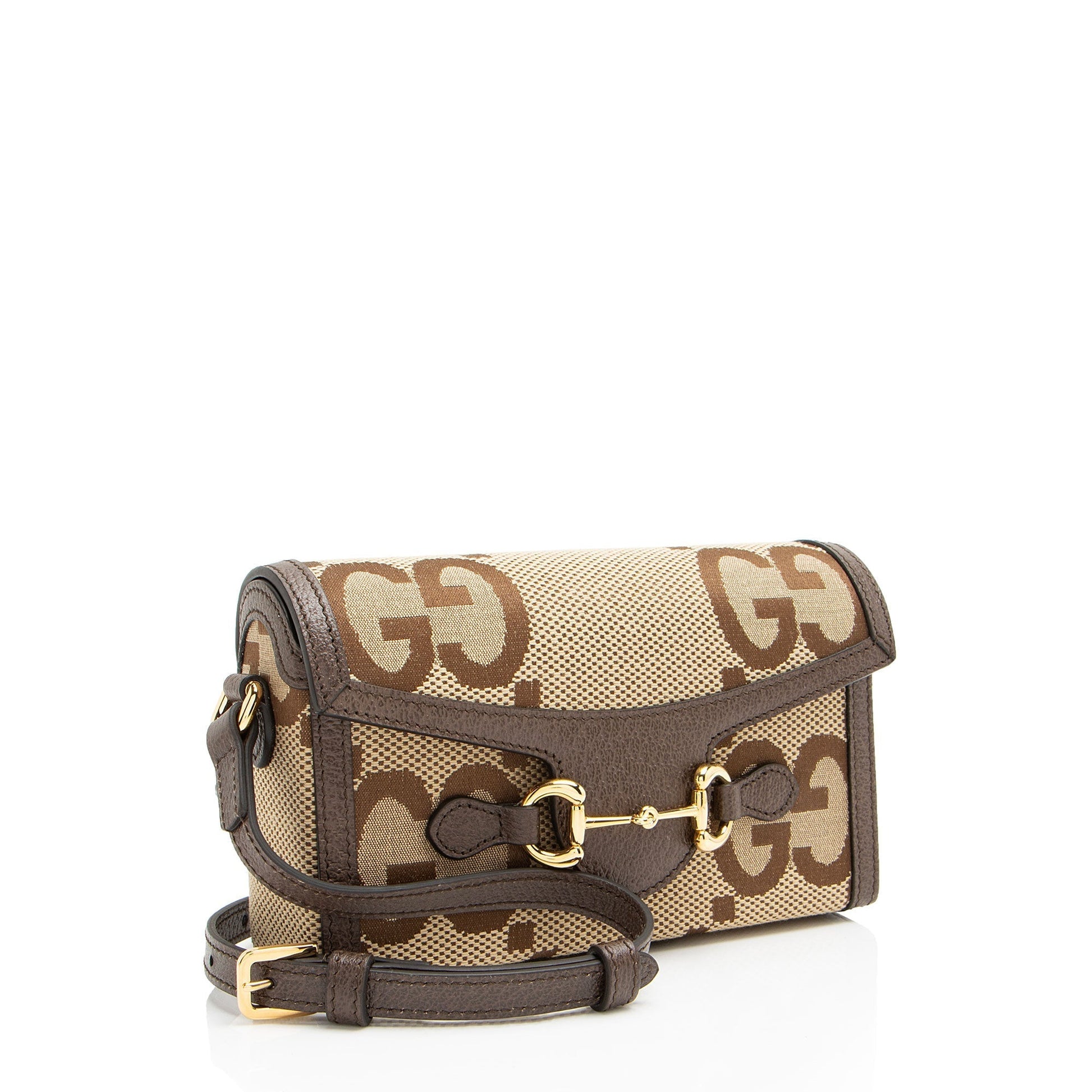 Gucci Jumbo GG Horsebit Leather Canvas Brown Mini Crossbody Bag