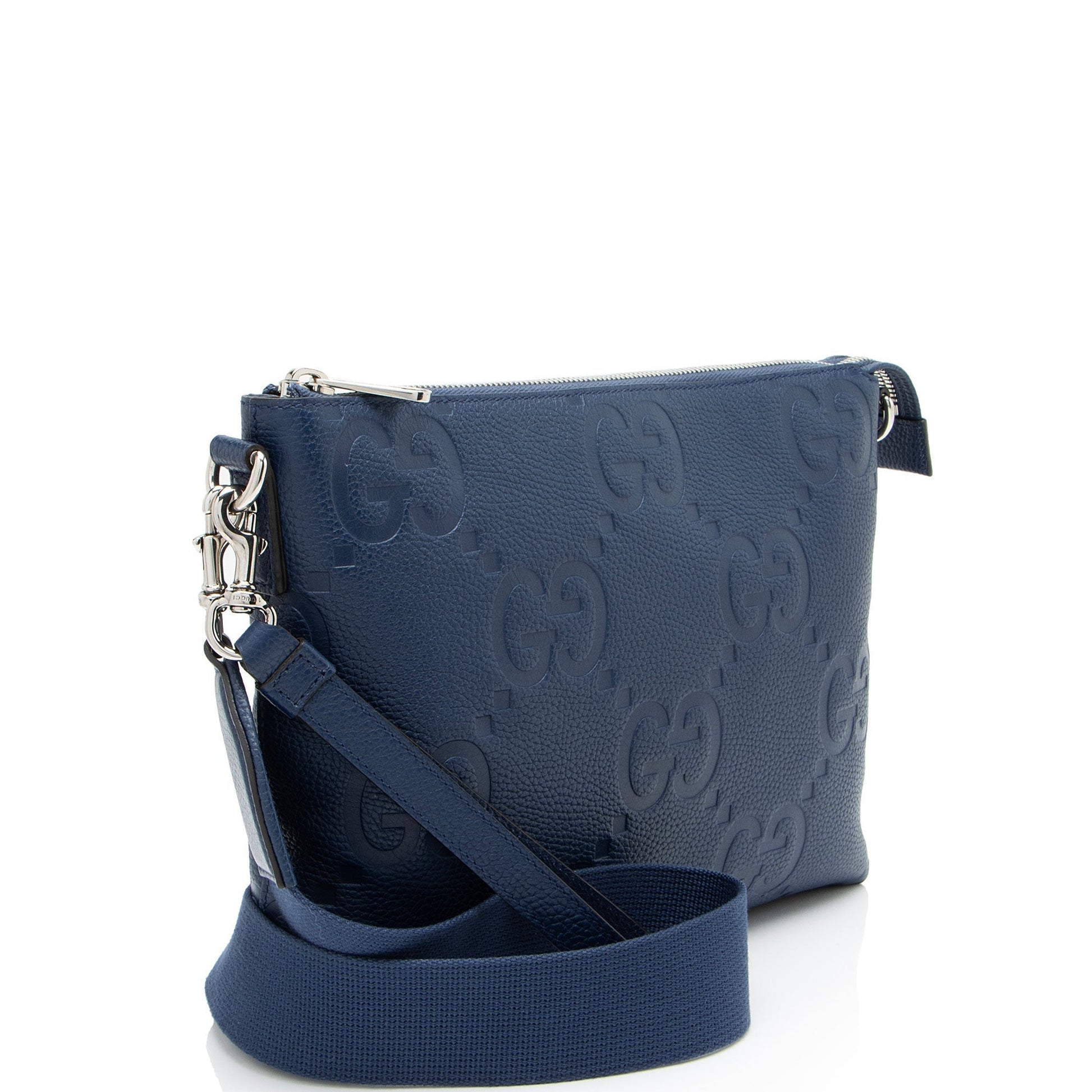 Gucci Jumbo GG Embossed Messenger Leather Nylon Blue Medium Shoulder Bag