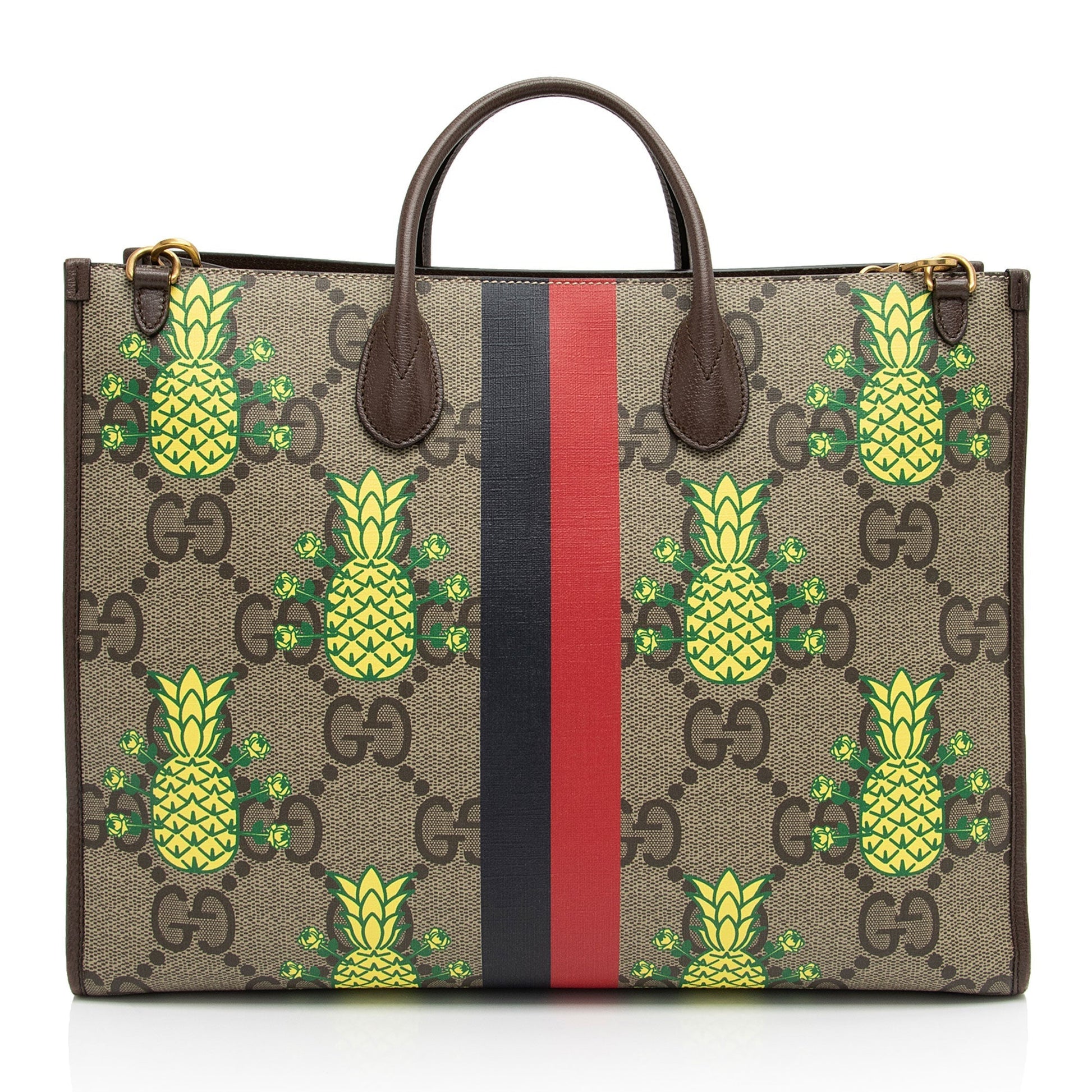 Gucci Jumbo GG Supreme Dollar Pineapple Canvas Calfskin Brown Beige Tote Bag